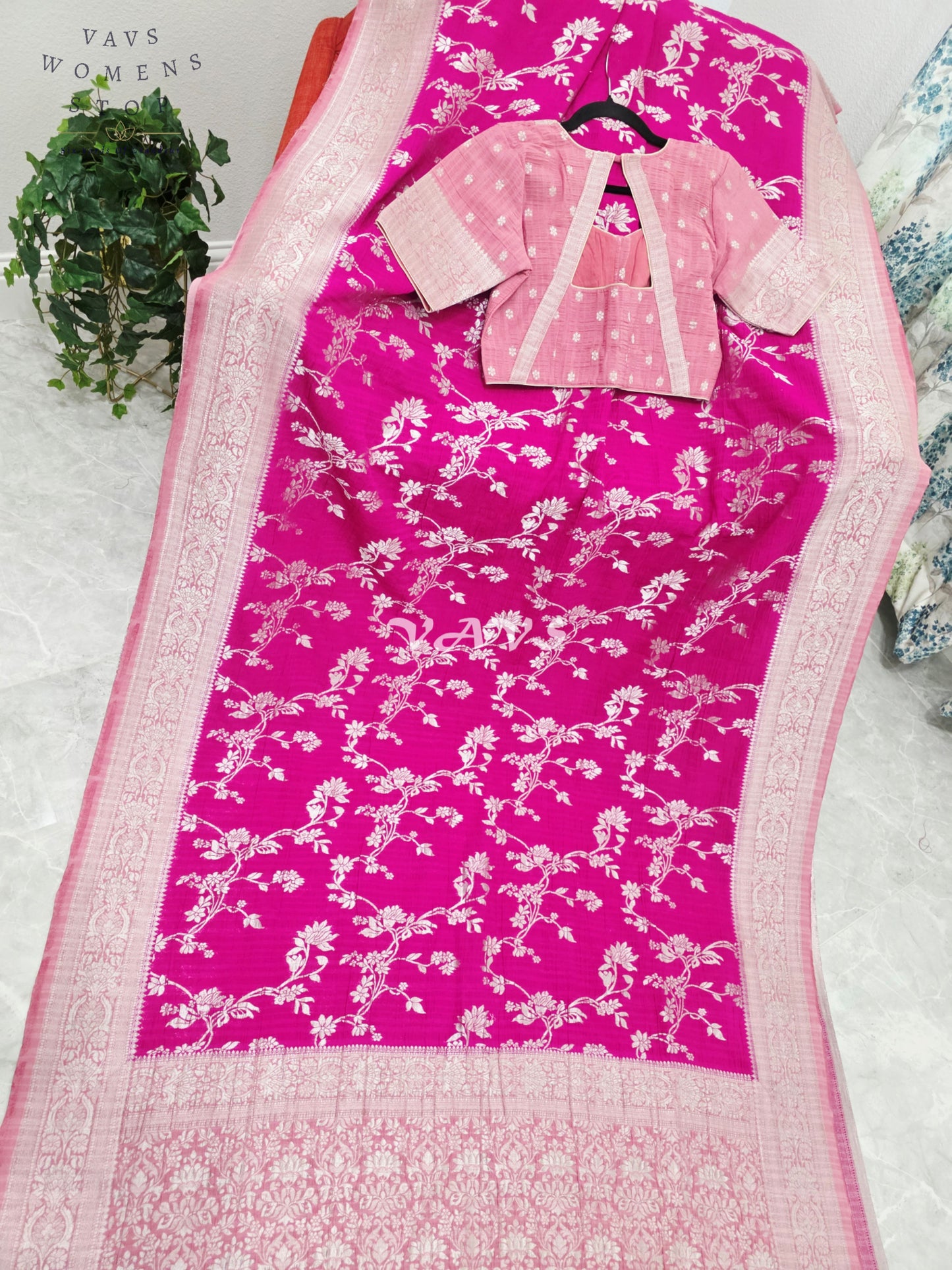 Royal Fuchsia Pink Semi Tussar Georgette Meenakari Designer Saree with Stitched Blouse Size 38-44