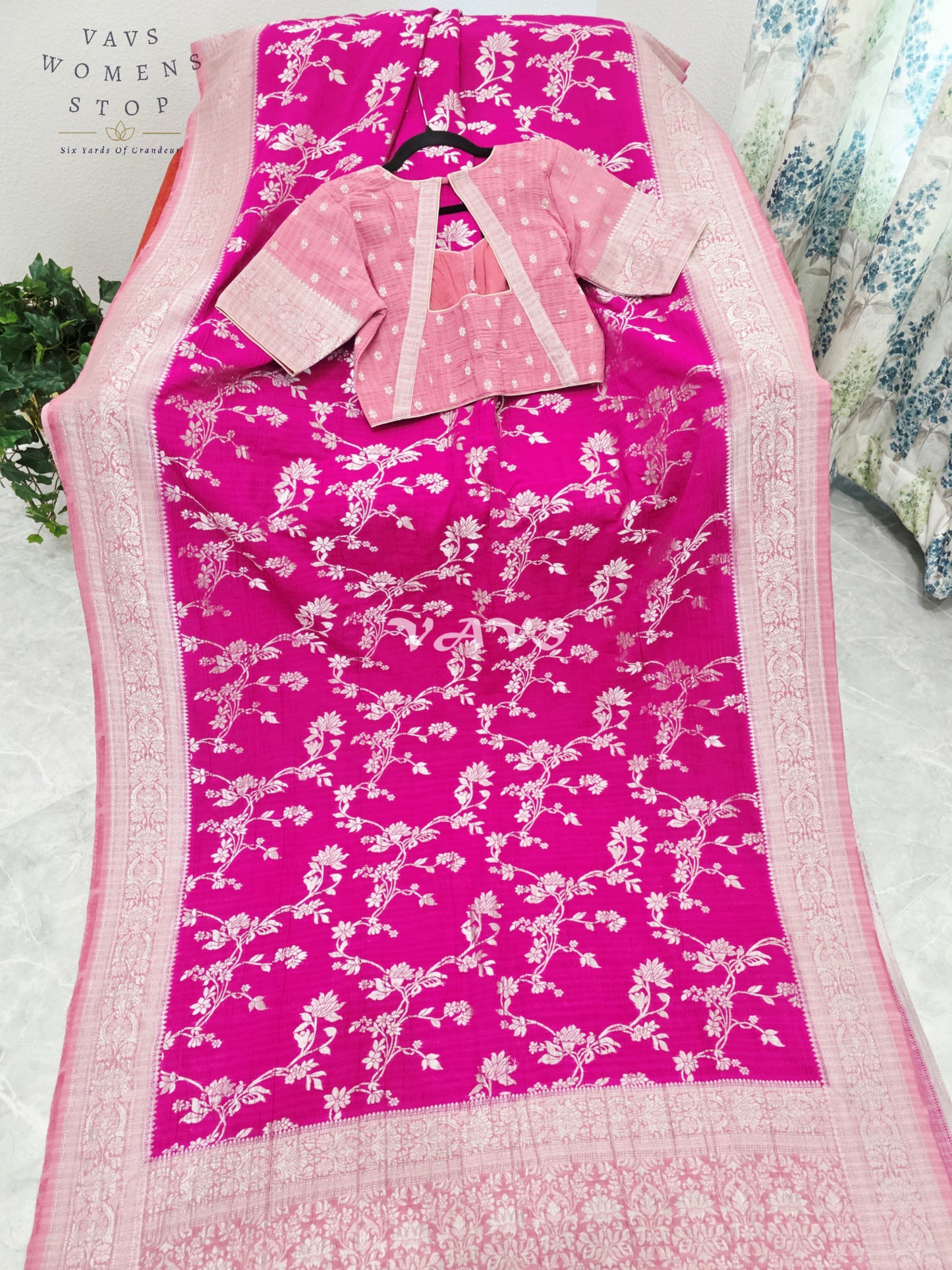 Royal Fuchsia Pink Semi Tussar Georgette Meenakari Designer Saree with Stitched Blouse Size 38-44