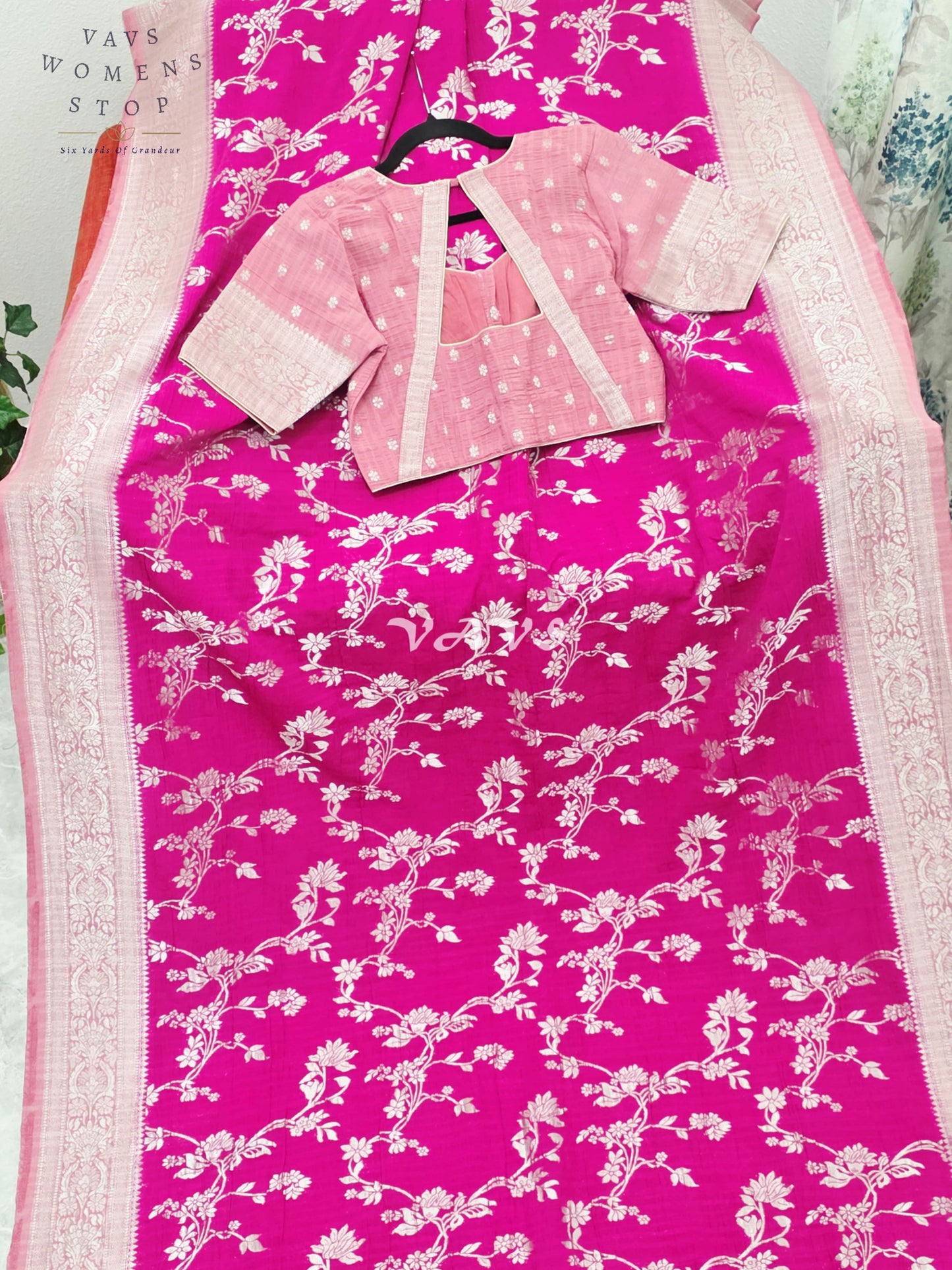 Royal Fuchsia Pink Semi Tussar Georgette Meenakari Designer Saree with Stitched Blouse Size 38-44