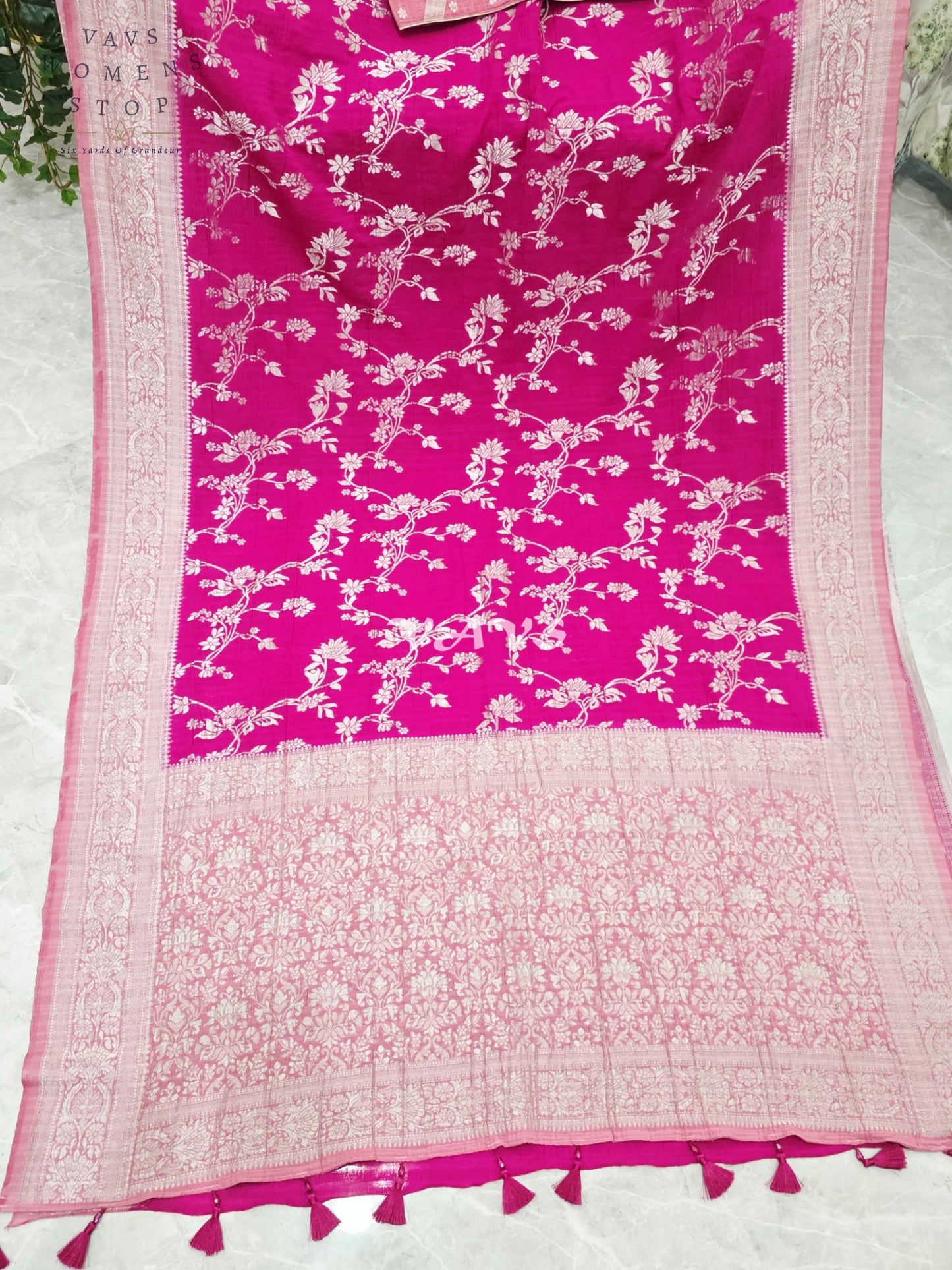 Royal Fuchsia Pink Semi Tussar Georgette Meenakari Designer Saree with Stitched Blouse Size 38-44