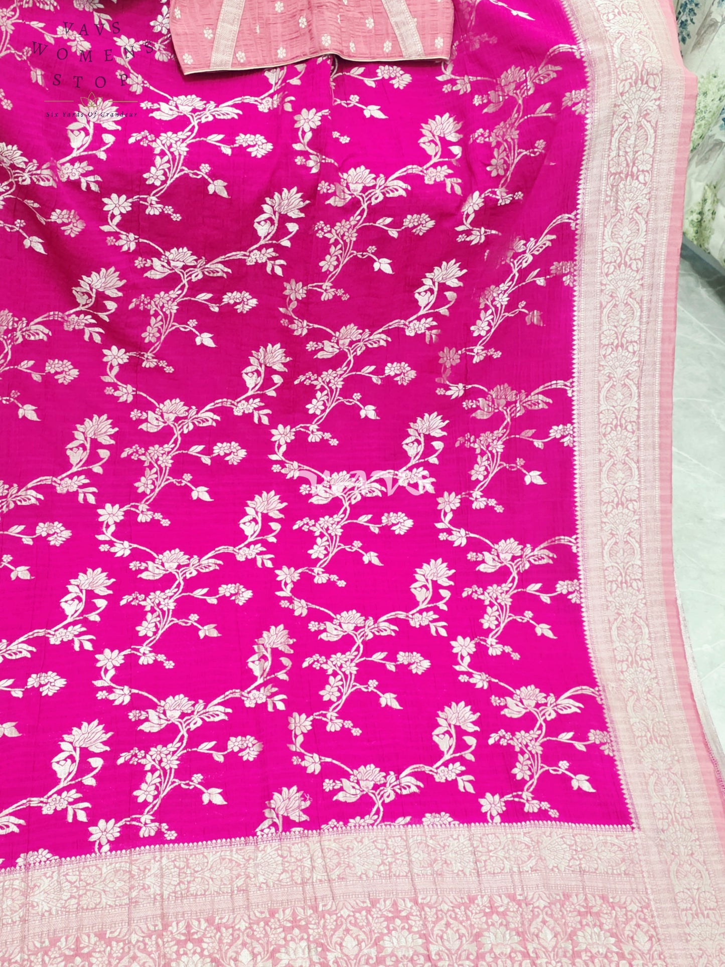 Royal Fuchsia Pink Semi Tussar Georgette Meenakari Designer Saree with Stitched Blouse Size 38-44