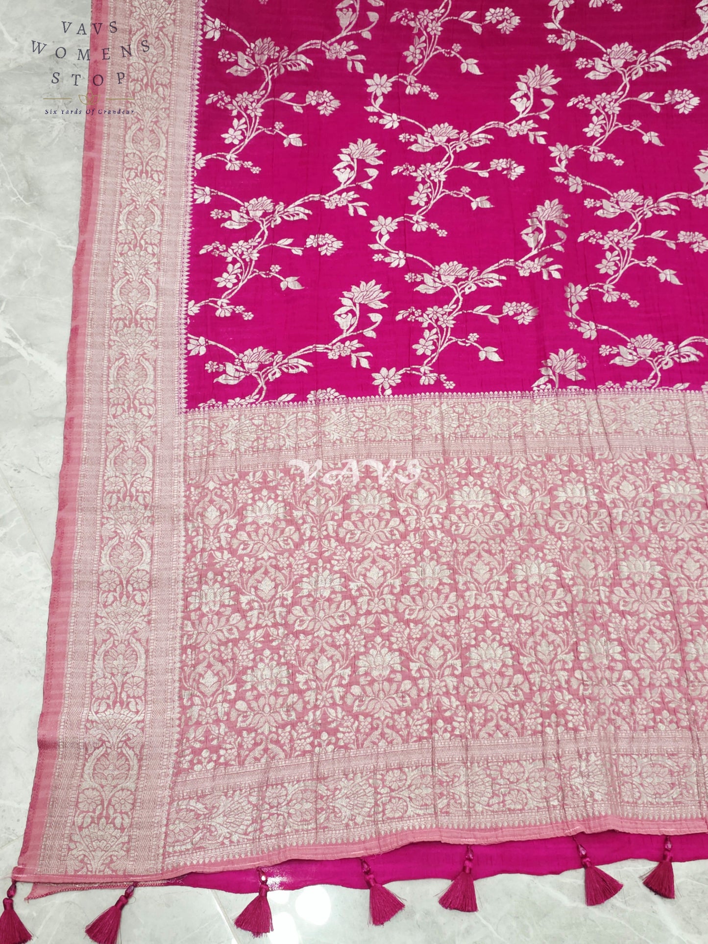 Royal Fuchsia Pink Semi Tussar Georgette Meenakari Designer Saree with Stitched Blouse Size 38-44