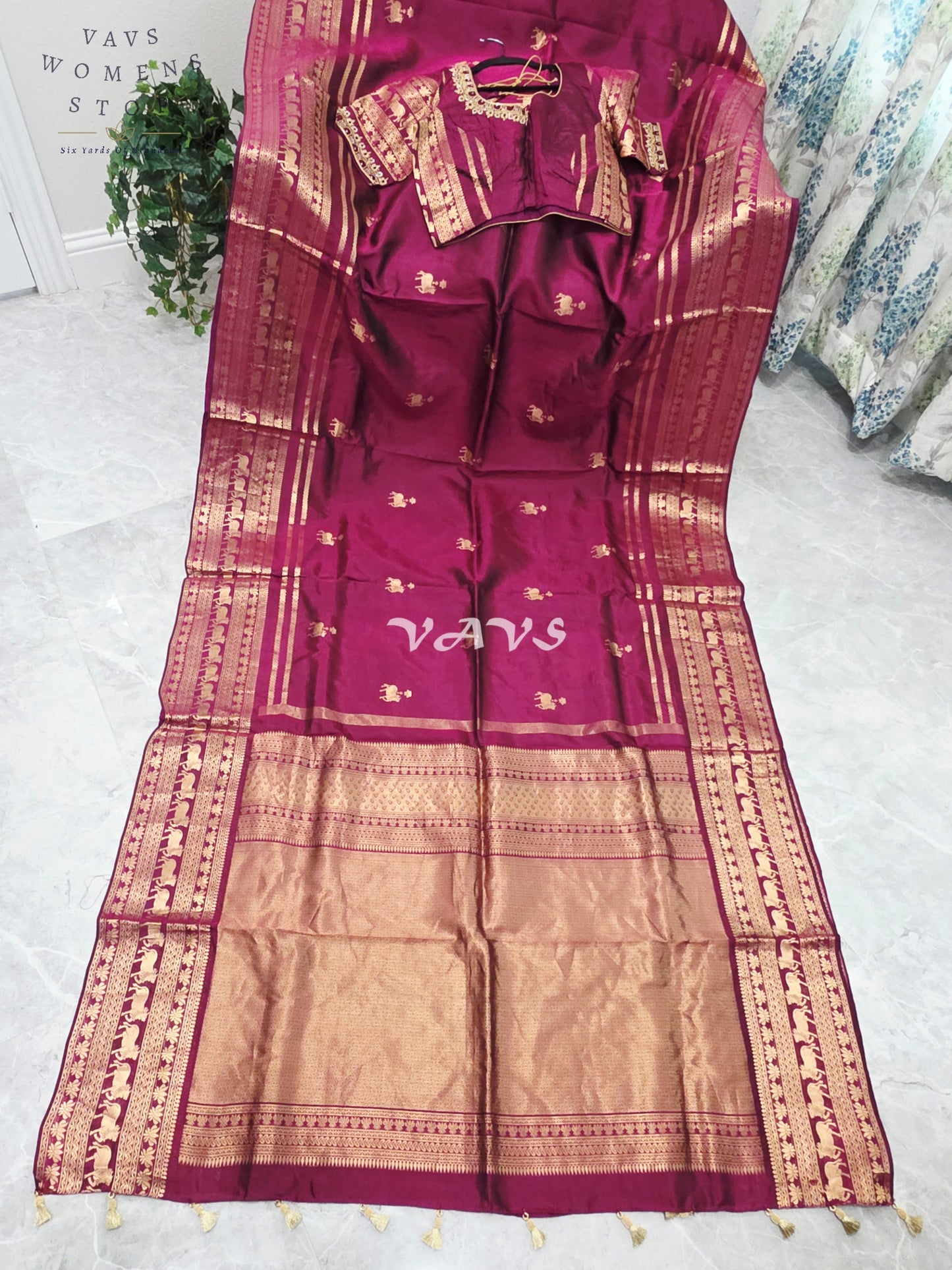 Regal Rani Wine Pure Kanchi Pattu Handloom Soft Silk Saree with Pichwai Buttas & Maggam Stitched Blouse Size 40-46