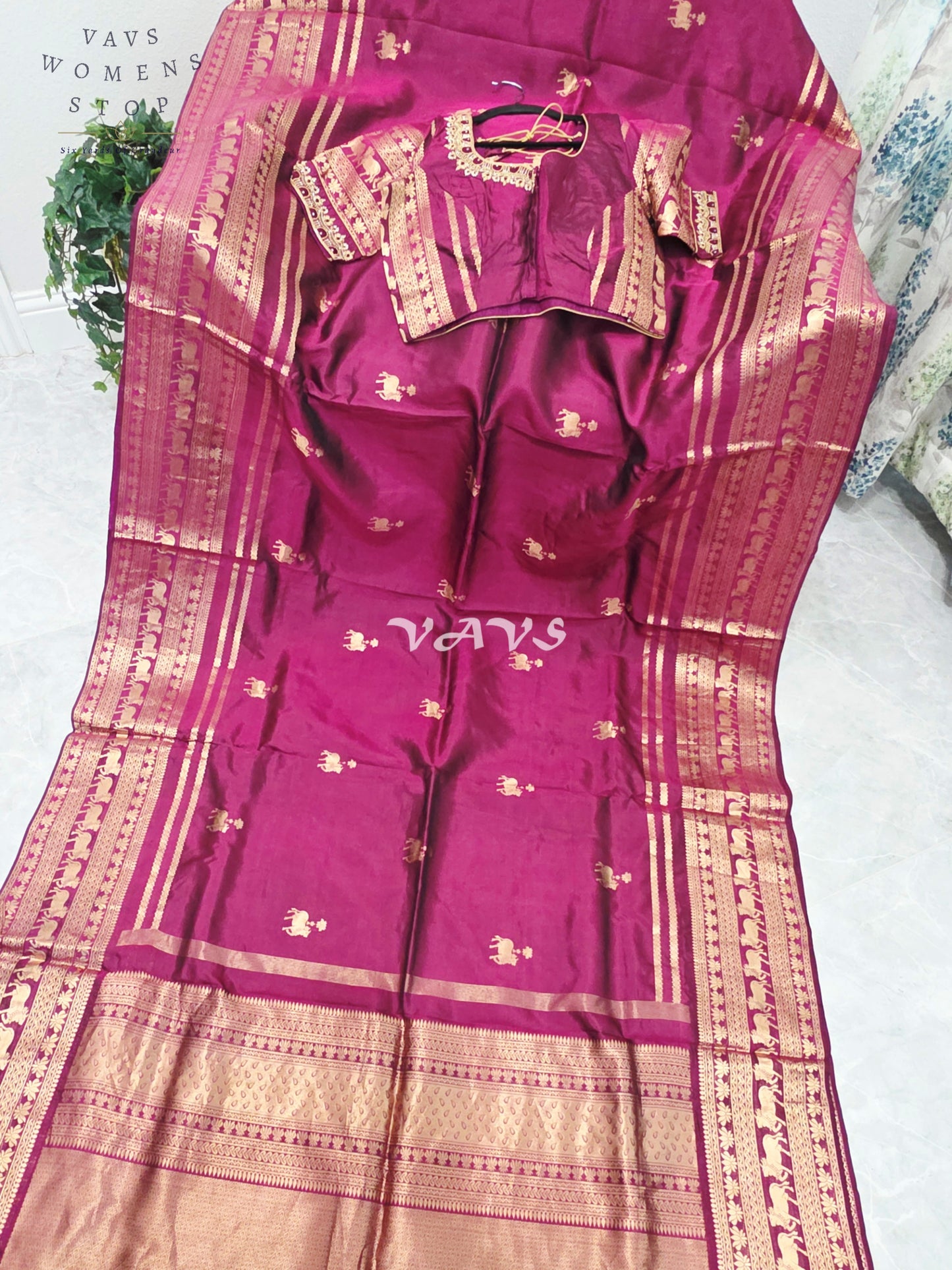 Regal Rani Wine Pure Kanchi Pattu Handloom Soft Silk Saree with Pichwai Buttas & Maggam Stitched Blouse Size 40-46