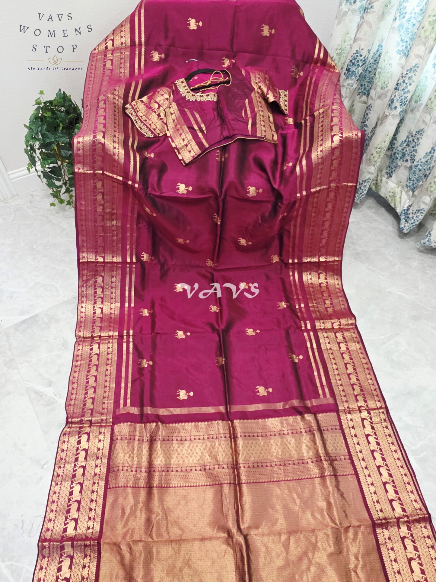 Regal Rani Wine Pure Kanchi Pattu Handloom Soft Silk Saree with Pichwai Buttas & Maggam Stitched Blouse Size 40-46