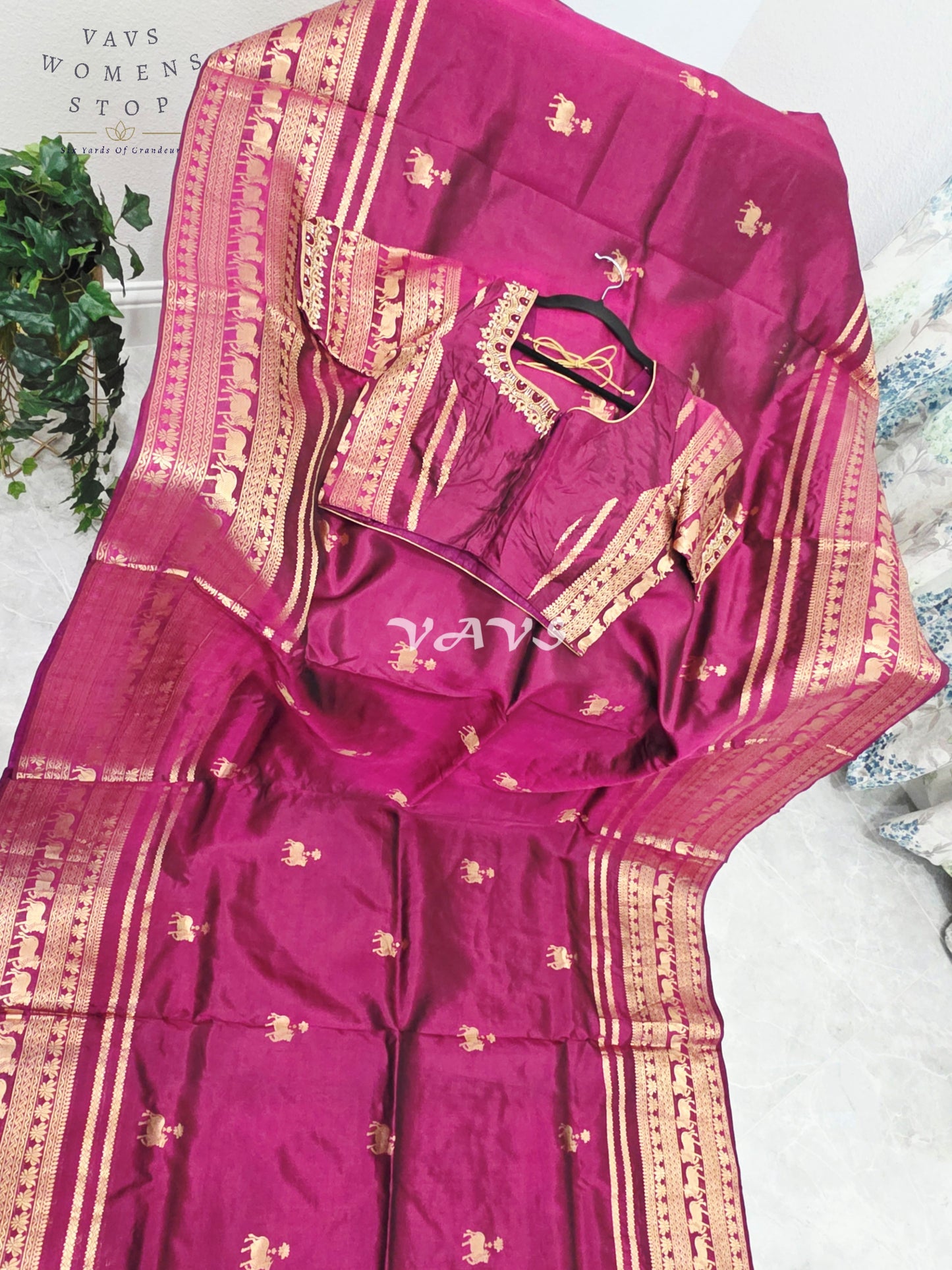 Regal Rani Wine Pure Kanchi Pattu Handloom Soft Silk Saree with Pichwai Buttas & Maggam Stitched Blouse Size 40-46