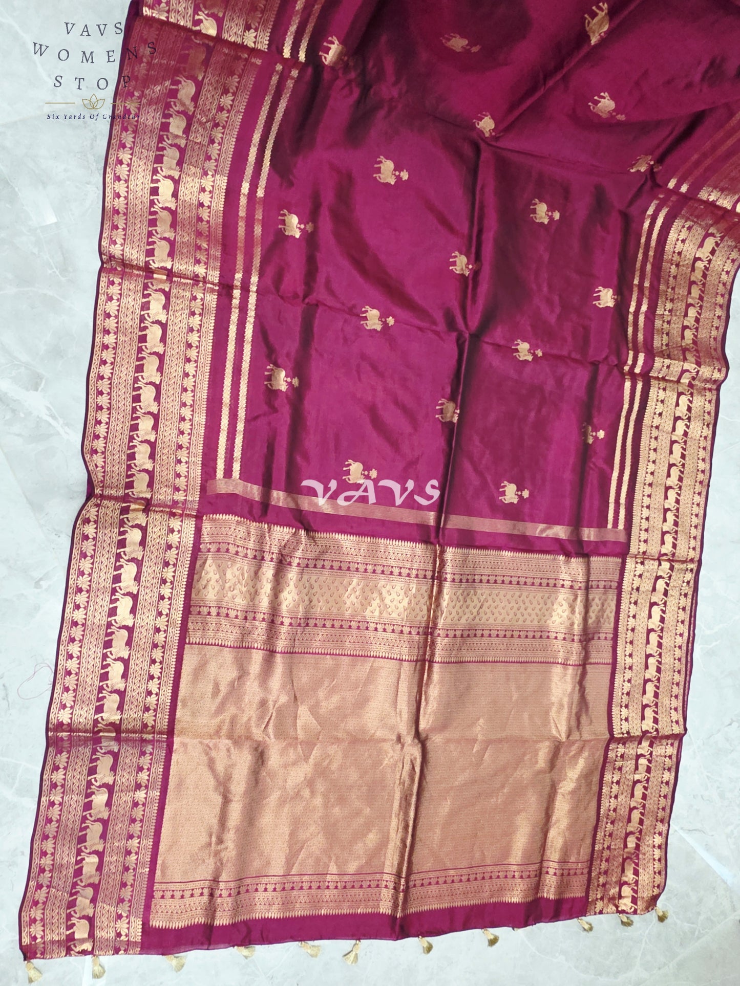 Regal Rani Wine Pure Kanchi Pattu Handloom Soft Silk Saree with Pichwai Buttas & Maggam Stitched Blouse Size 40-46