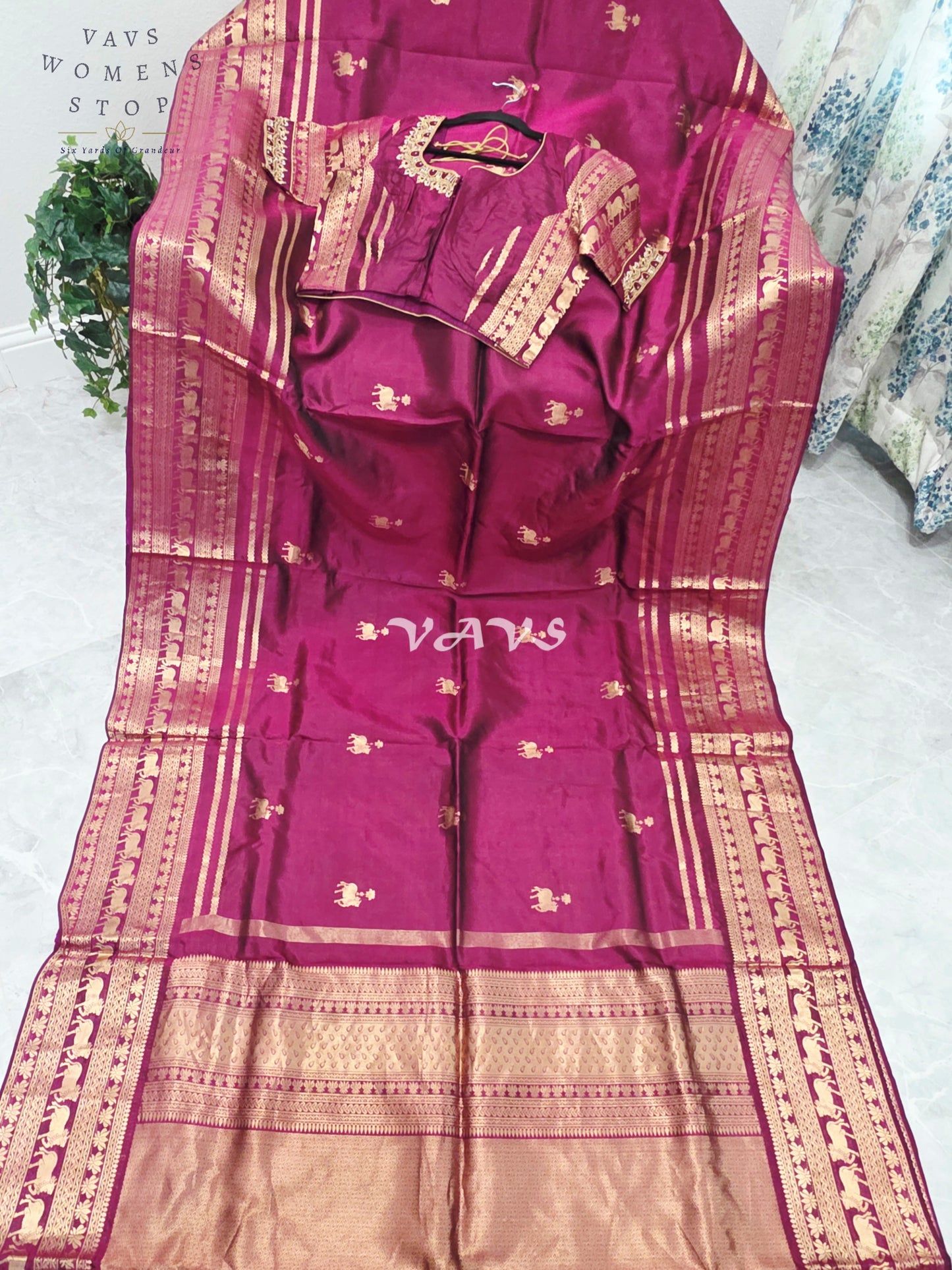 Regal Rani Wine Pure Kanchi Pattu Handloom Soft Silk Saree with Pichwai Buttas & Maggam Stitched Blouse Size 40-46