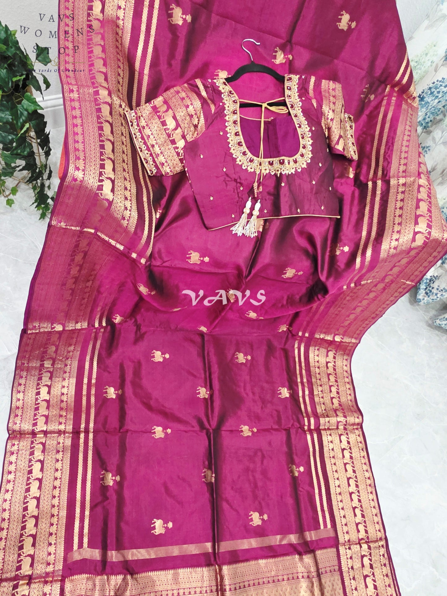 Regal Rani Wine Pure Kanchi Pattu Handloom Soft Silk Saree with Pichwai Buttas & Maggam Stitched Blouse Size 40-46