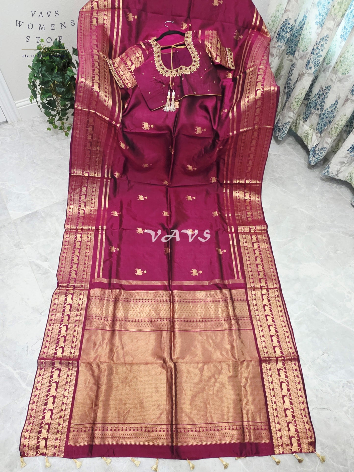Regal Rani Wine Pure Kanchi Pattu Handloom Soft Silk Saree with Pichwai Buttas & Maggam Stitched Blouse Size 40-46