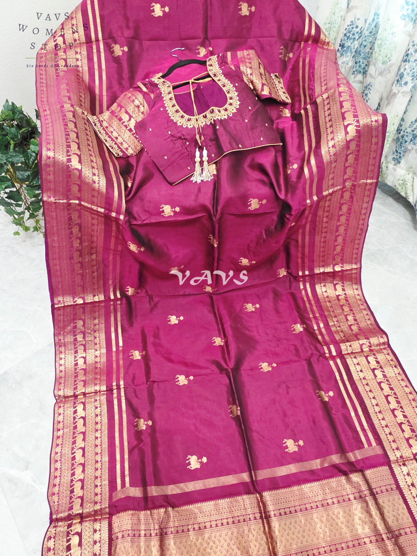 Regal Rani Wine Pure Kanchi Pattu Handloom Soft Silk Saree with Pichwai Buttas & Maggam Stitched Blouse Size 40-46
