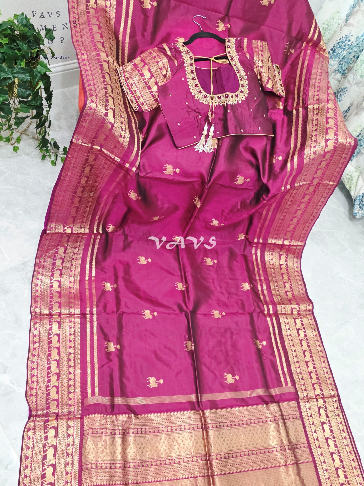 Regal Rani Wine Pure Kanchi Pattu Handloom Soft Silk Saree with Pichwai Buttas & Maggam Stitched Blouse Size 40-46