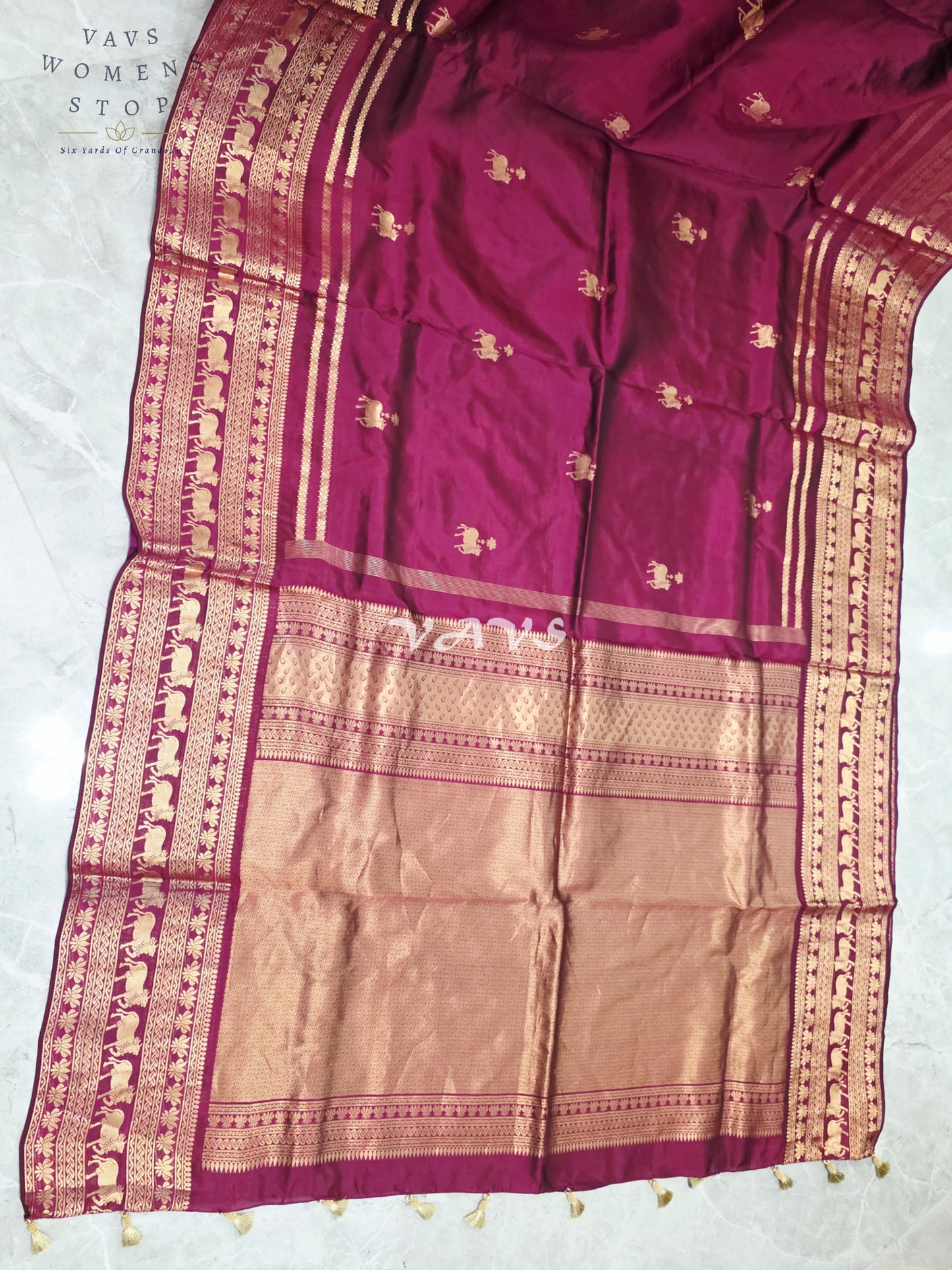 Regal Rani Wine Pure Kanchi Pattu Handloom Soft Silk Saree with Pichwai Buttas & Maggam Stitched Blouse Size 40-46