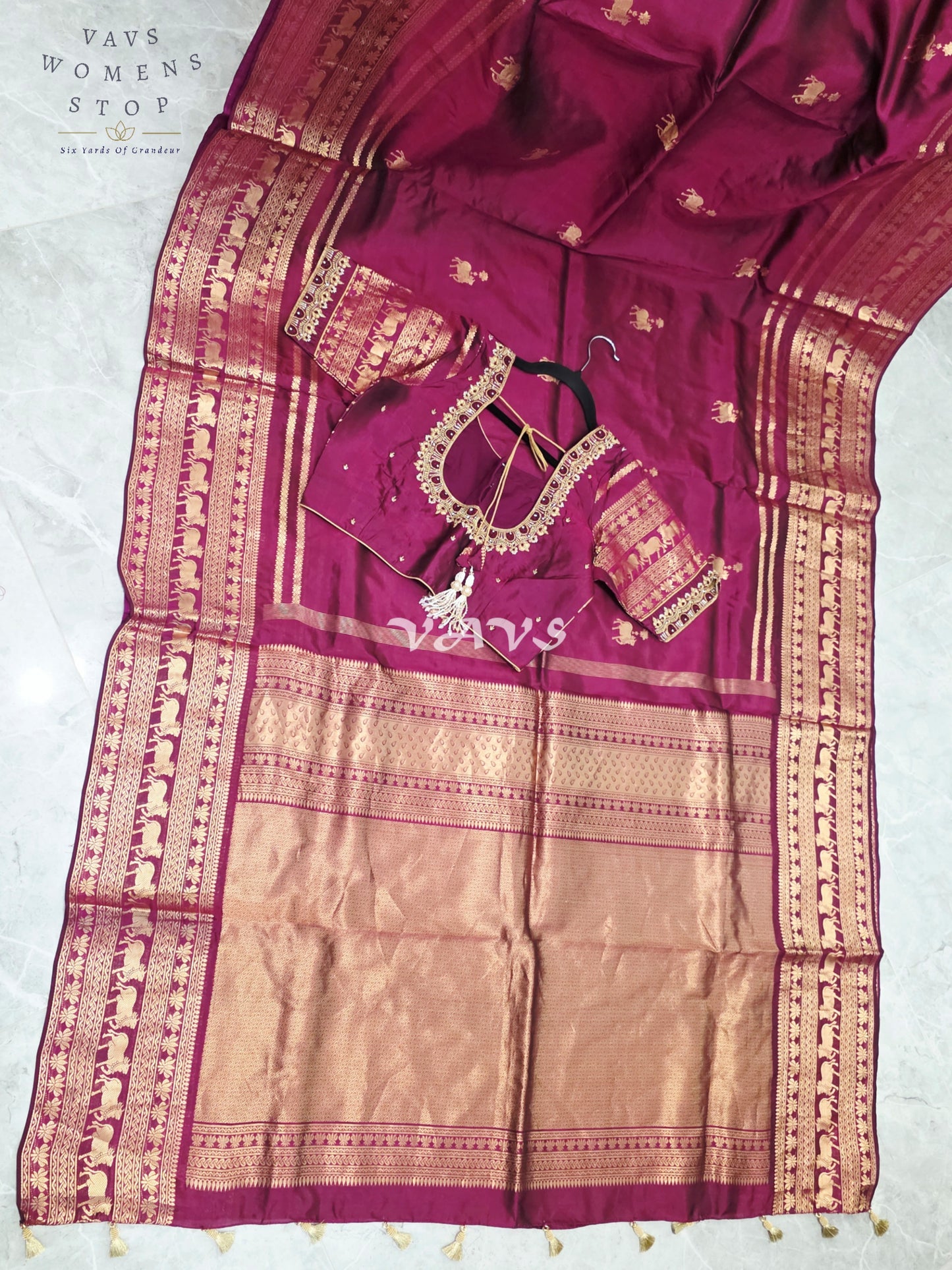 Regal Rani Wine Pure Kanchi Pattu Handloom Soft Silk Saree with Pichwai Buttas & Maggam Stitched Blouse Size 40-46