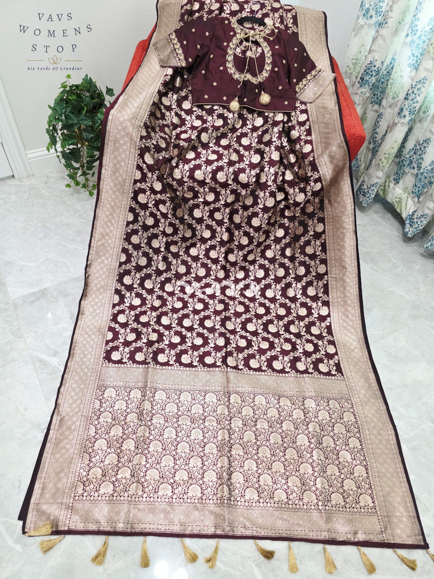 Regal Espresso Wine Pure Benarasi Katan Silk Saree with Antique Gold Zari & Maggam Blouse Size 40-46