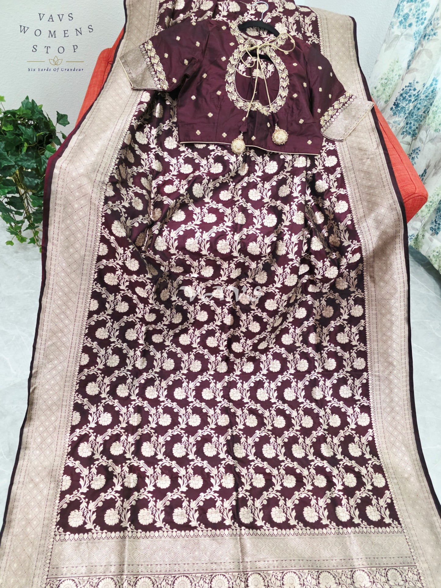 Regal Espresso Wine Pure Benarasi Katan Silk Saree with Antique Gold Zari & Maggam Blouse Size 40-46