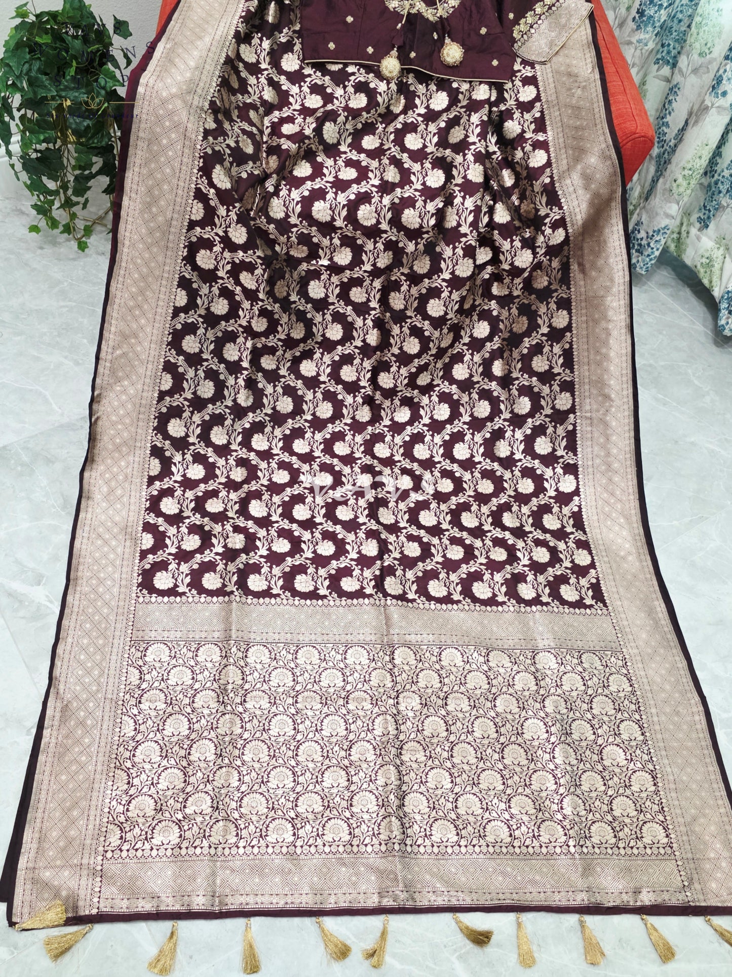 Regal Espresso Wine Pure Benarasi Katan Silk Saree with Antique Gold Zari & Maggam Blouse Size 40-46