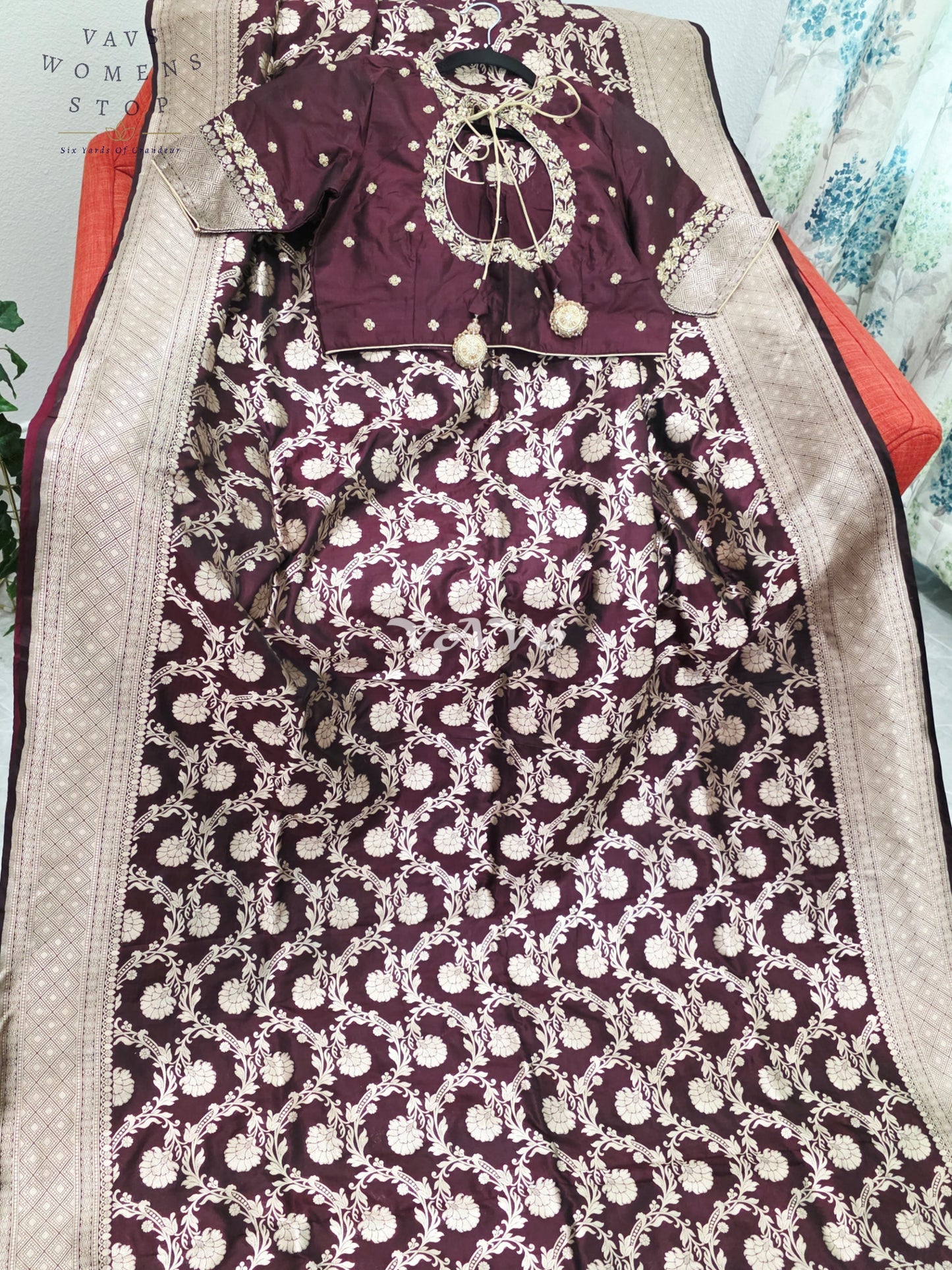 Regal Espresso Wine Pure Benarasi Katan Silk Saree with Antique Gold Zari & Maggam Blouse Size 40-46