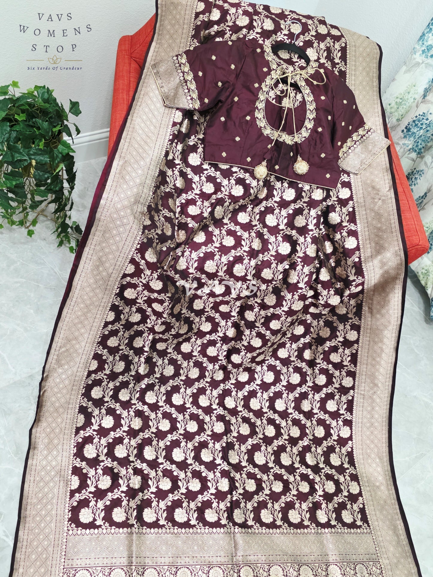 Regal Espresso Wine Pure Benarasi Katan Silk Saree with Antique Gold Zari & Maggam Blouse Size 40-46