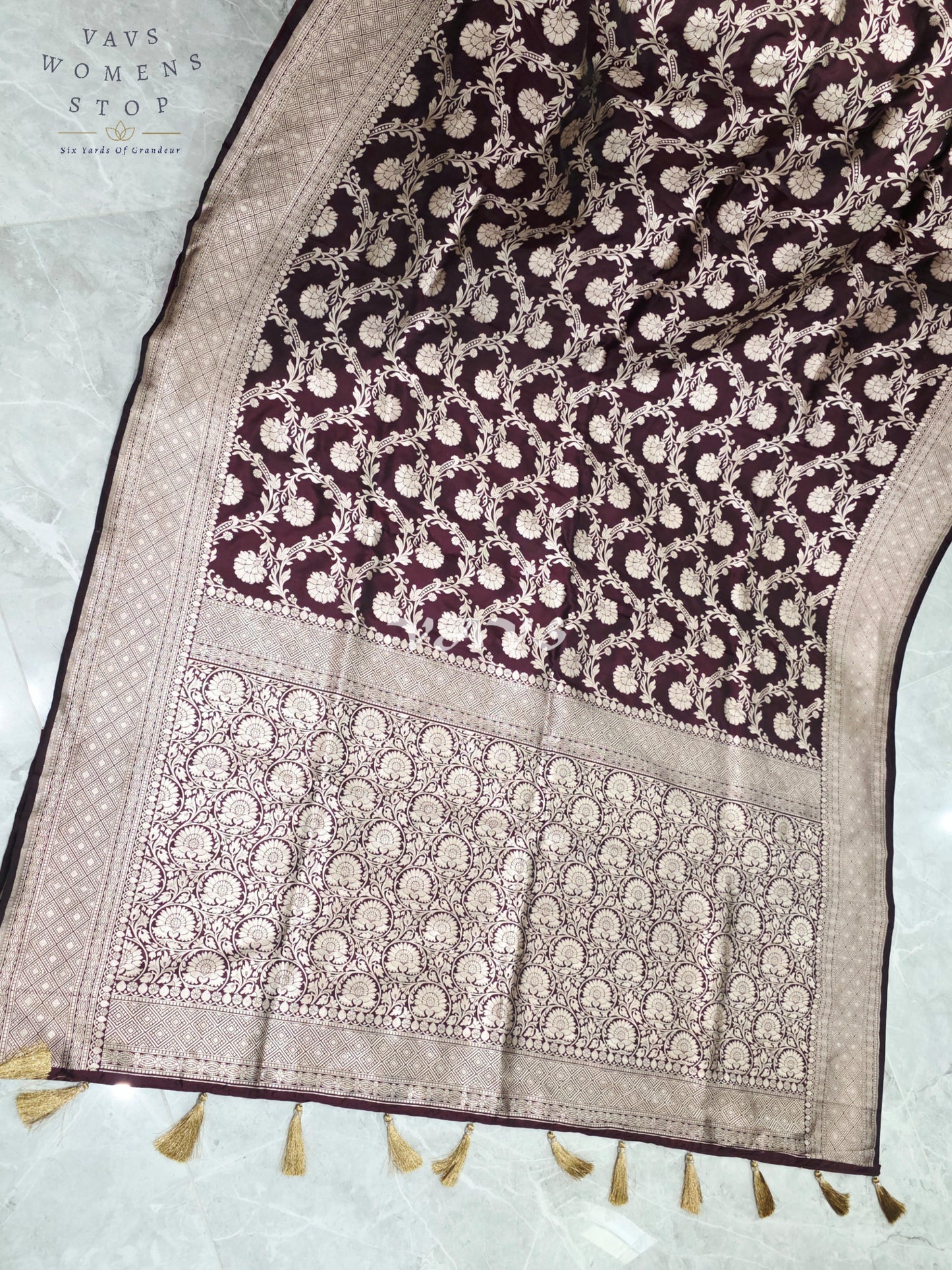Regal Espresso Wine Pure Benarasi Katan Silk Saree with Antique Gold Zari & Maggam Blouse Size 40-46