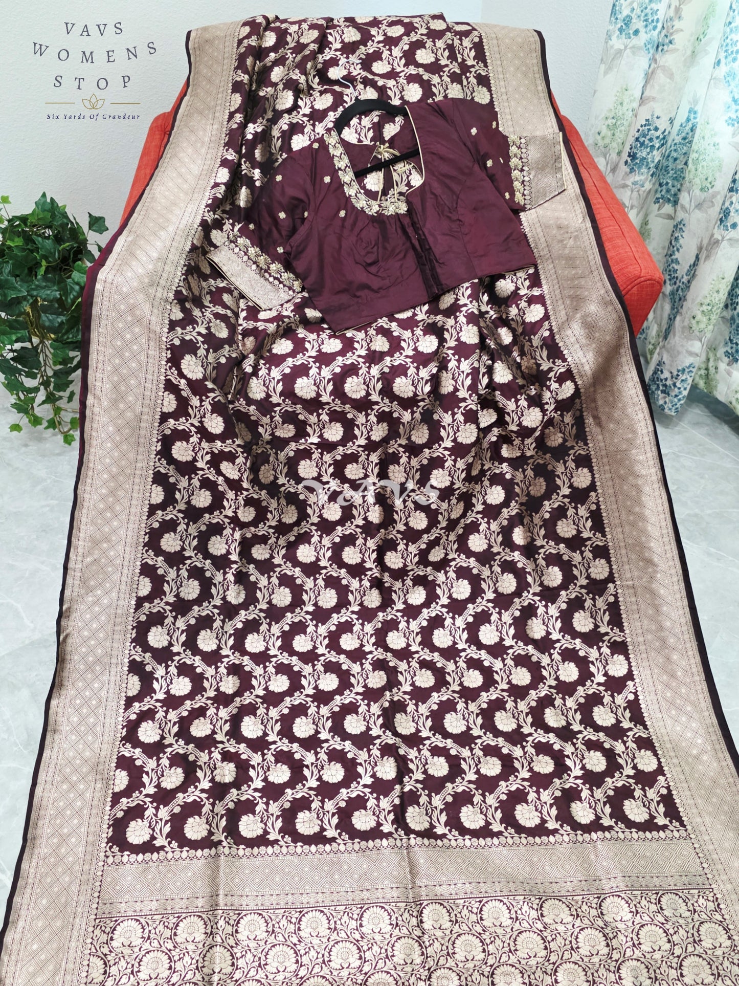 Regal Espresso Wine Pure Benarasi Katan Silk Saree with Antique Gold Zari & Maggam Blouse Size 40-46