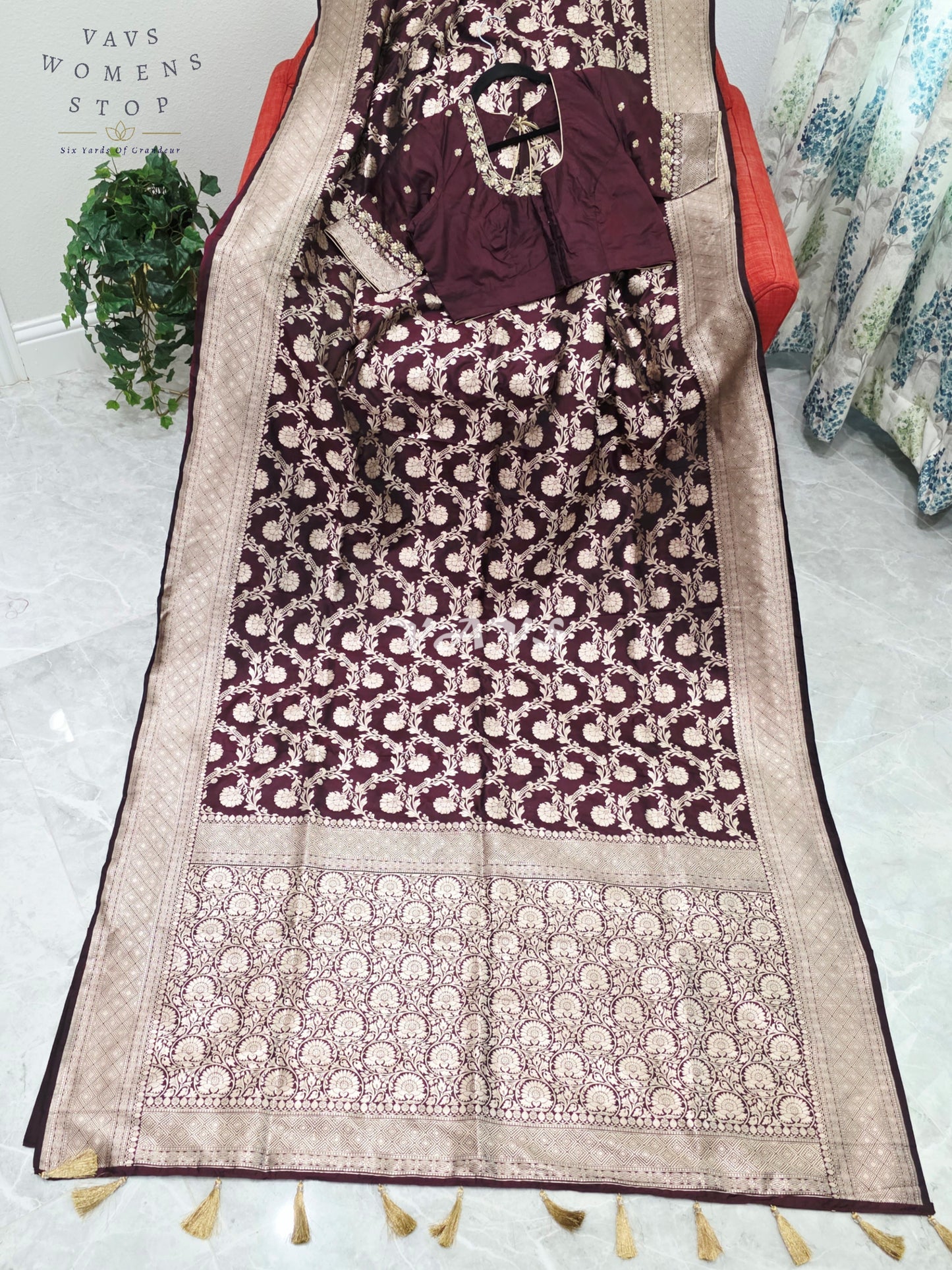 Regal Espresso Wine Pure Benarasi Katan Silk Saree with Antique Gold Zari & Maggam Blouse Size 40-46