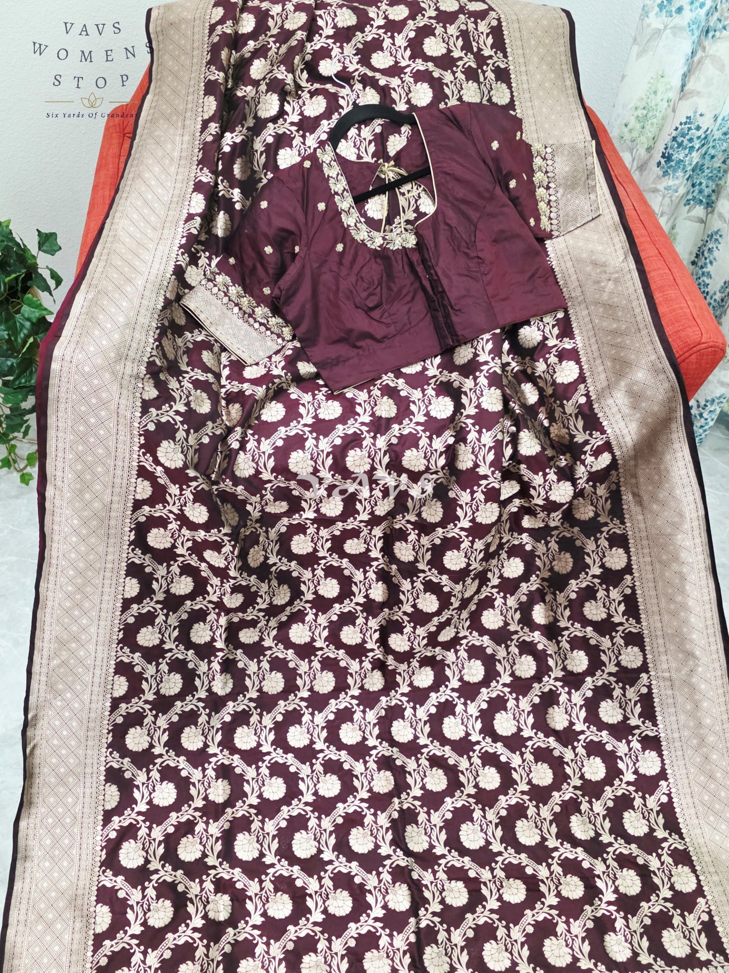 Regal Espresso Wine Pure Benarasi Katan Silk Saree with Antique Gold Zari & Maggam Blouse Size 40-46