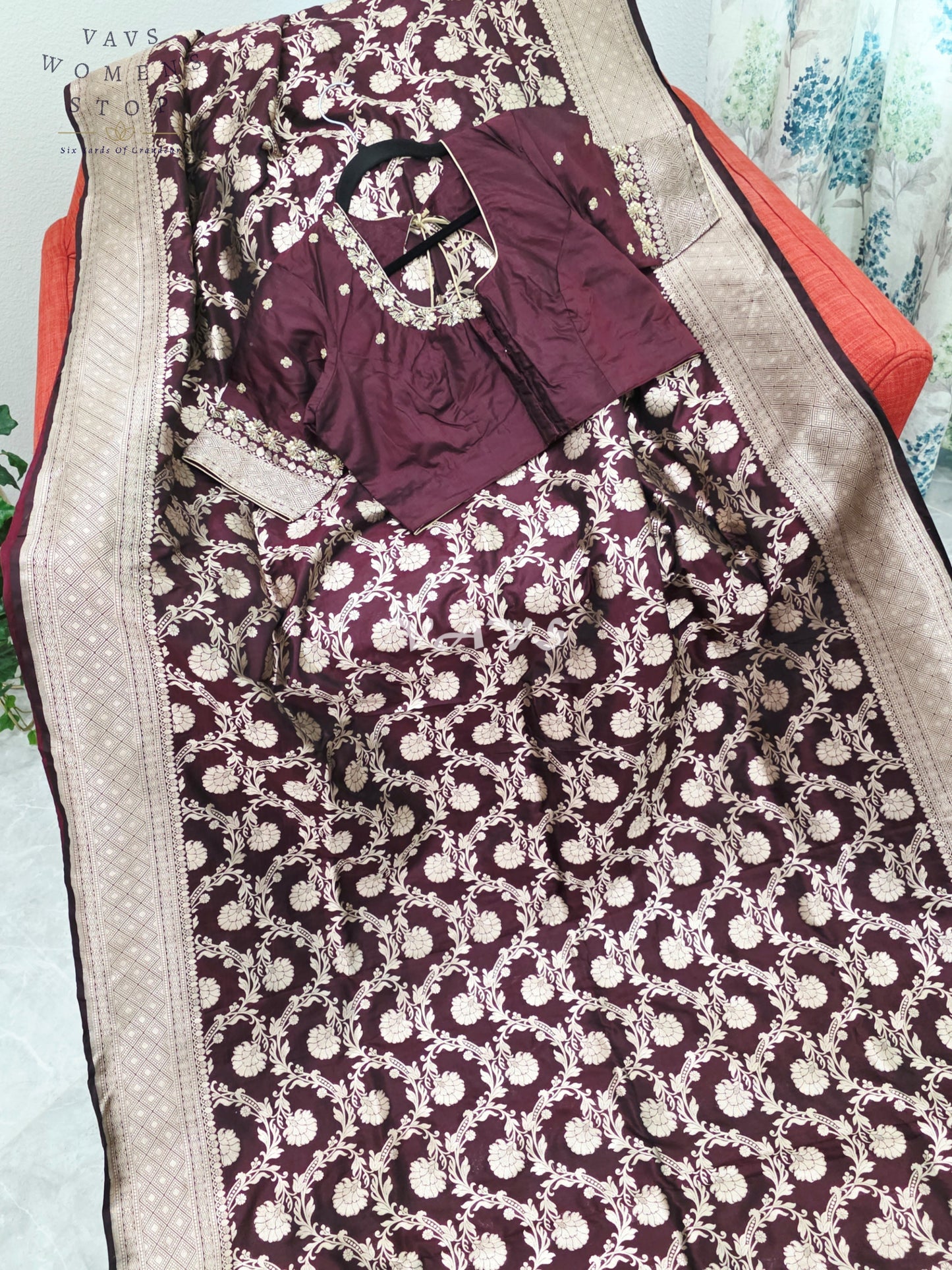 Regal Espresso Wine Pure Benarasi Katan Silk Saree with Antique Gold Zari & Maggam Blouse Size 40-46