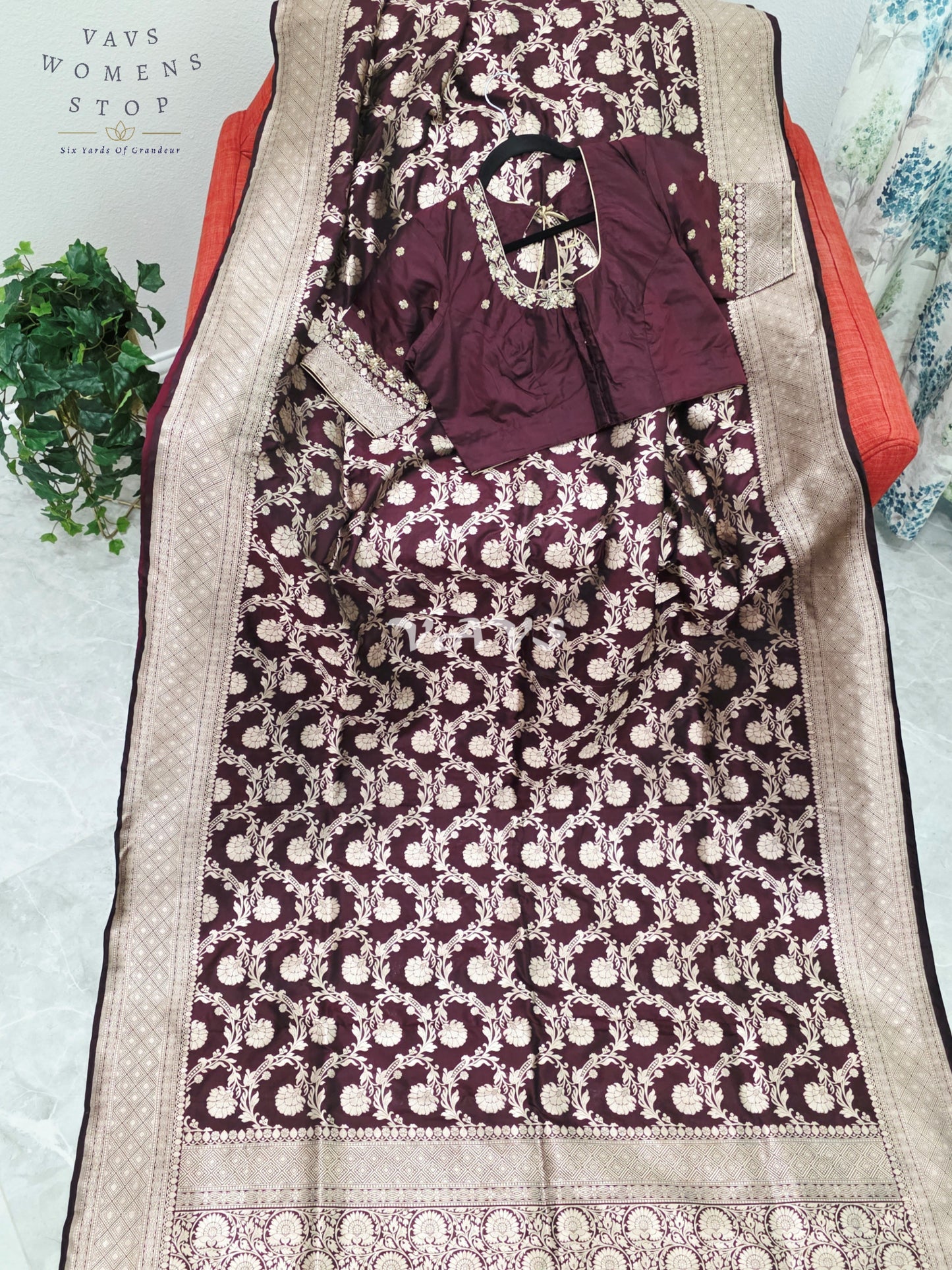 Regal Espresso Wine Pure Benarasi Katan Silk Saree with Antique Gold Zari & Maggam Blouse Size 40-46