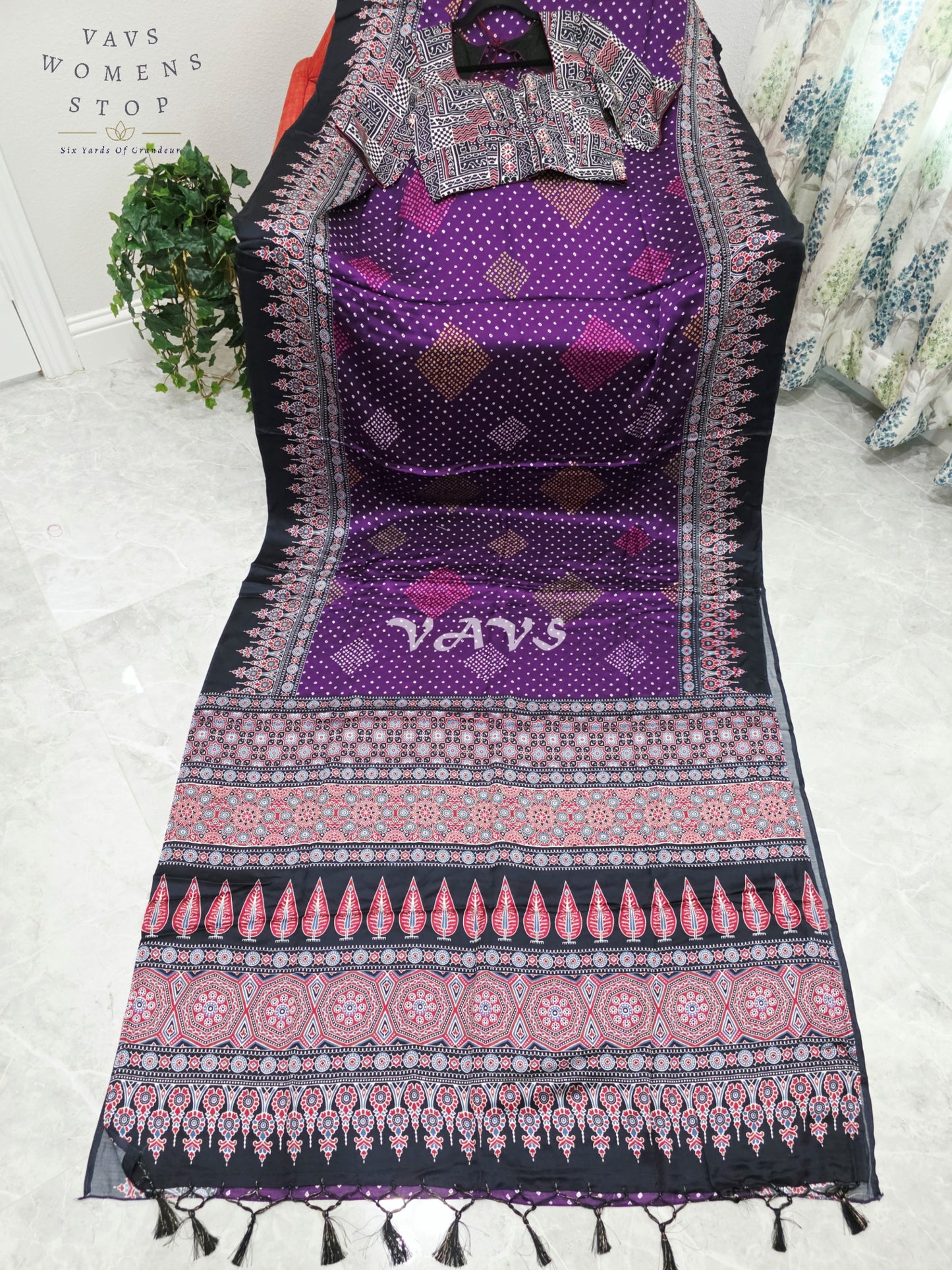 Royal Aubergine & Black Soft Dola Pure Munga Crepe Silk Ajrakh Bandhani Print Saree with Stitched Blouse Size 38-44