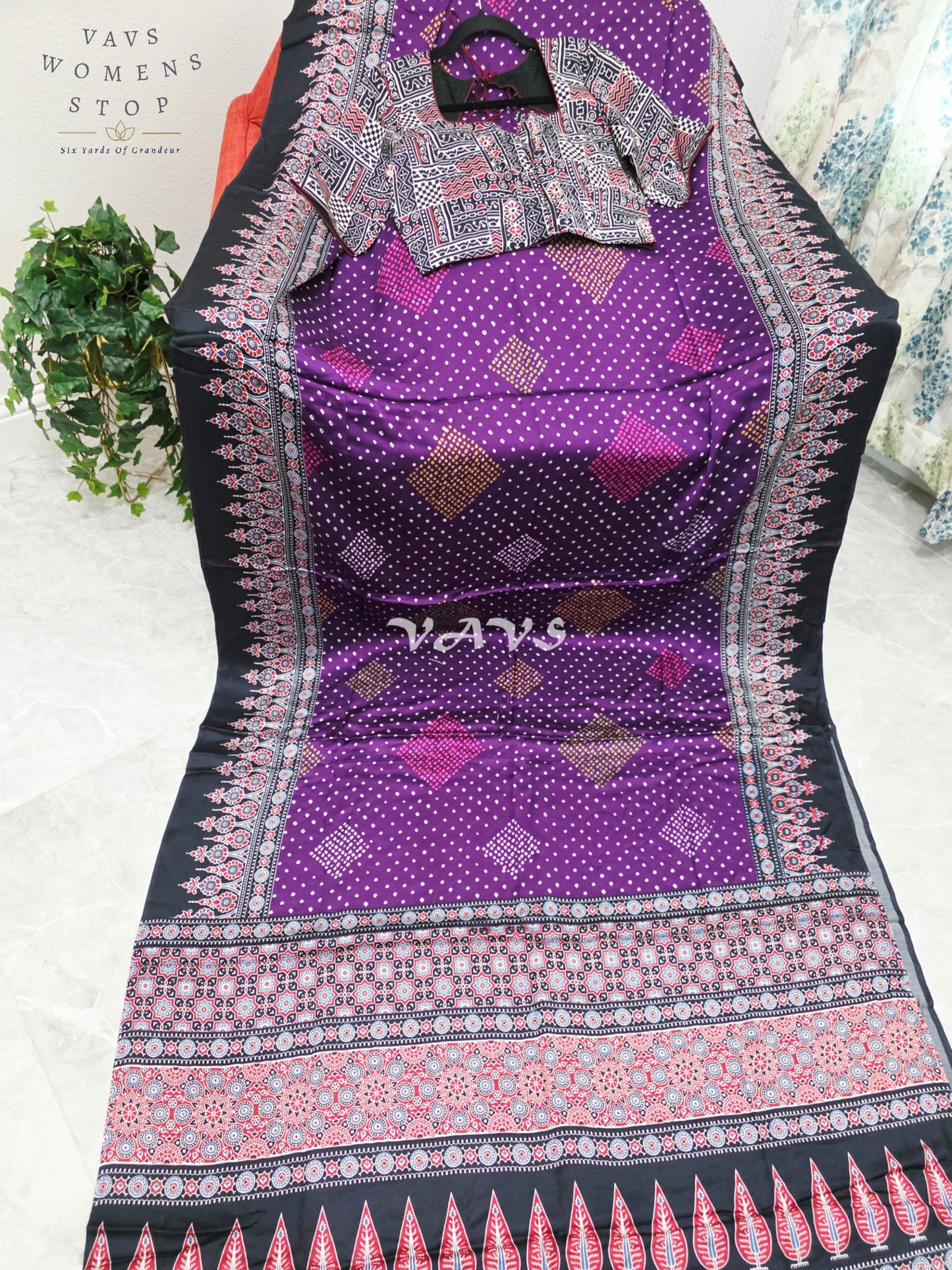 Royal Aubergine & Black Soft Dola Pure Munga Crepe Silk Ajrakh Bandhani Print Saree with Stitched Blouse Size 38-44