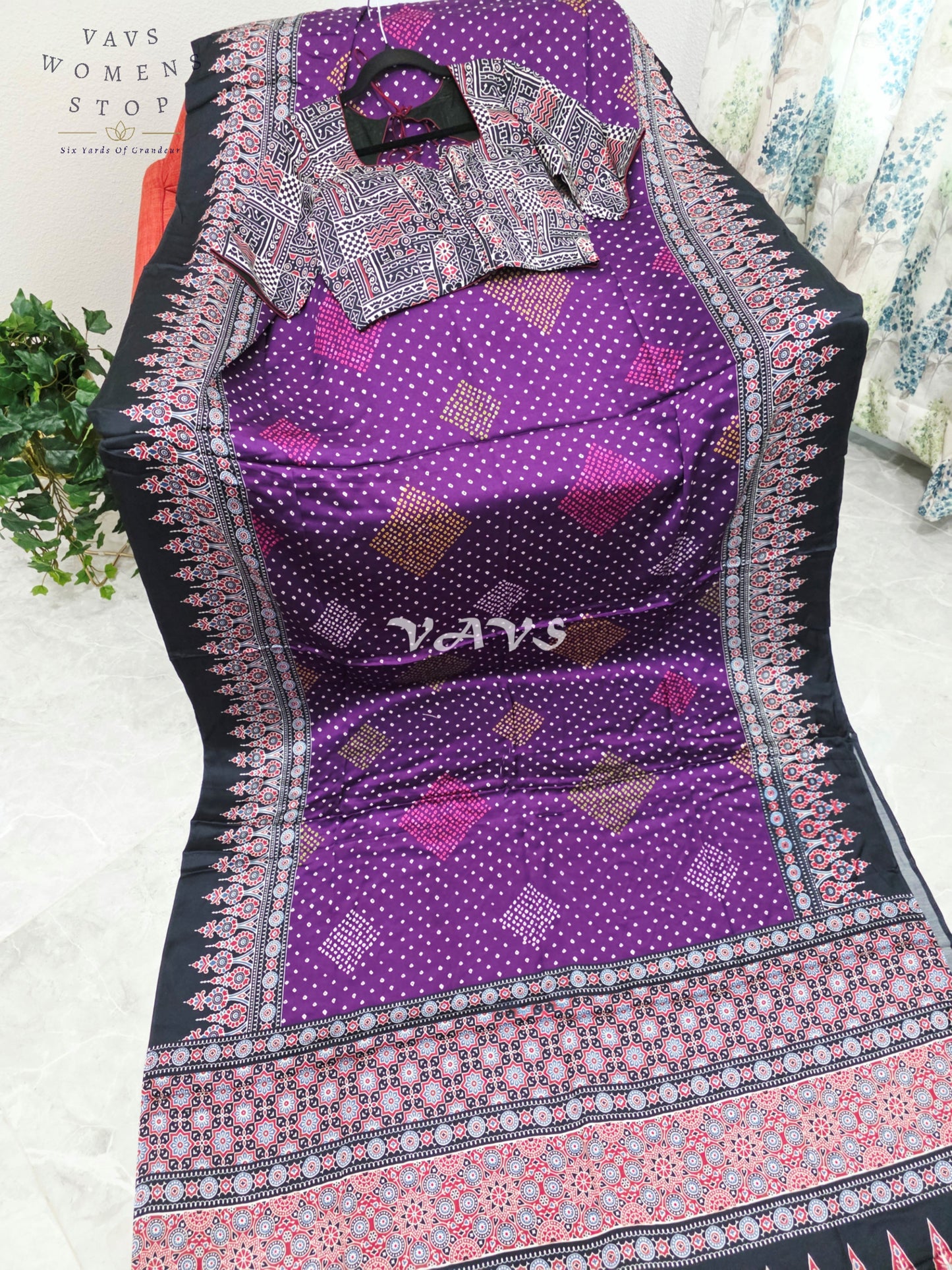 Royal Aubergine & Black Soft Dola Pure Munga Crepe Silk Ajrakh Bandhani Print Saree with Stitched Blouse Size 38-44