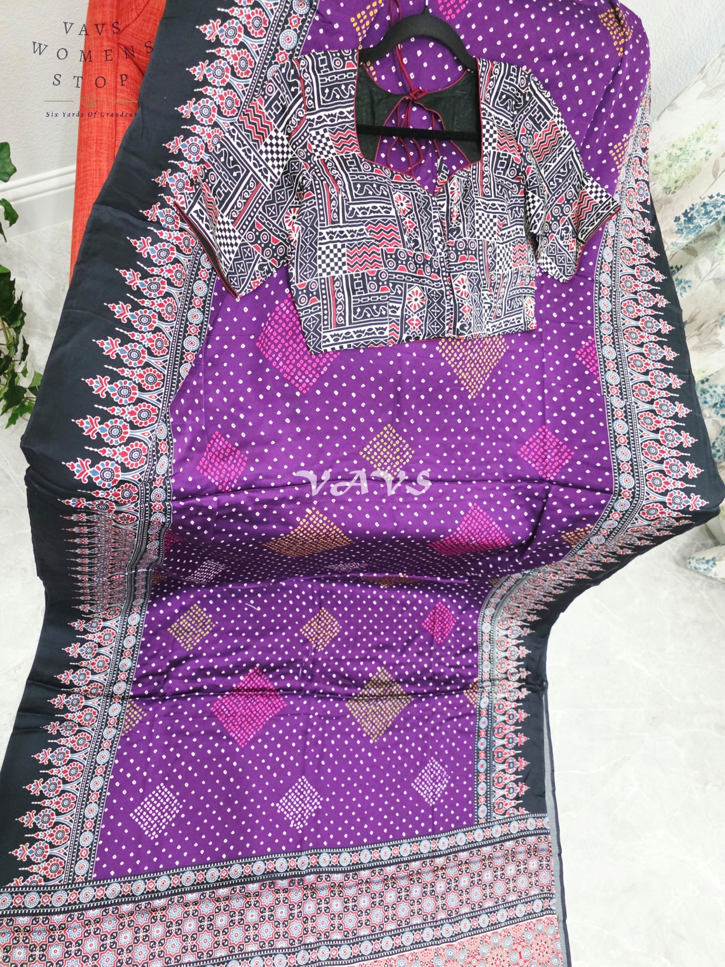 Royal Aubergine & Black Soft Dola Pure Munga Crepe Silk Ajrakh Bandhani Print Saree with Stitched Blouse Size 38-44