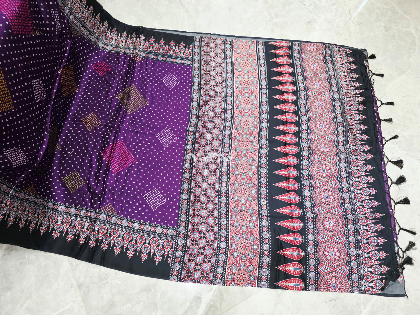 Royal Aubergine & Black Soft Dola Pure Munga Crepe Silk Ajrakh Bandhani Print Saree with Stitched Blouse Size 38-44