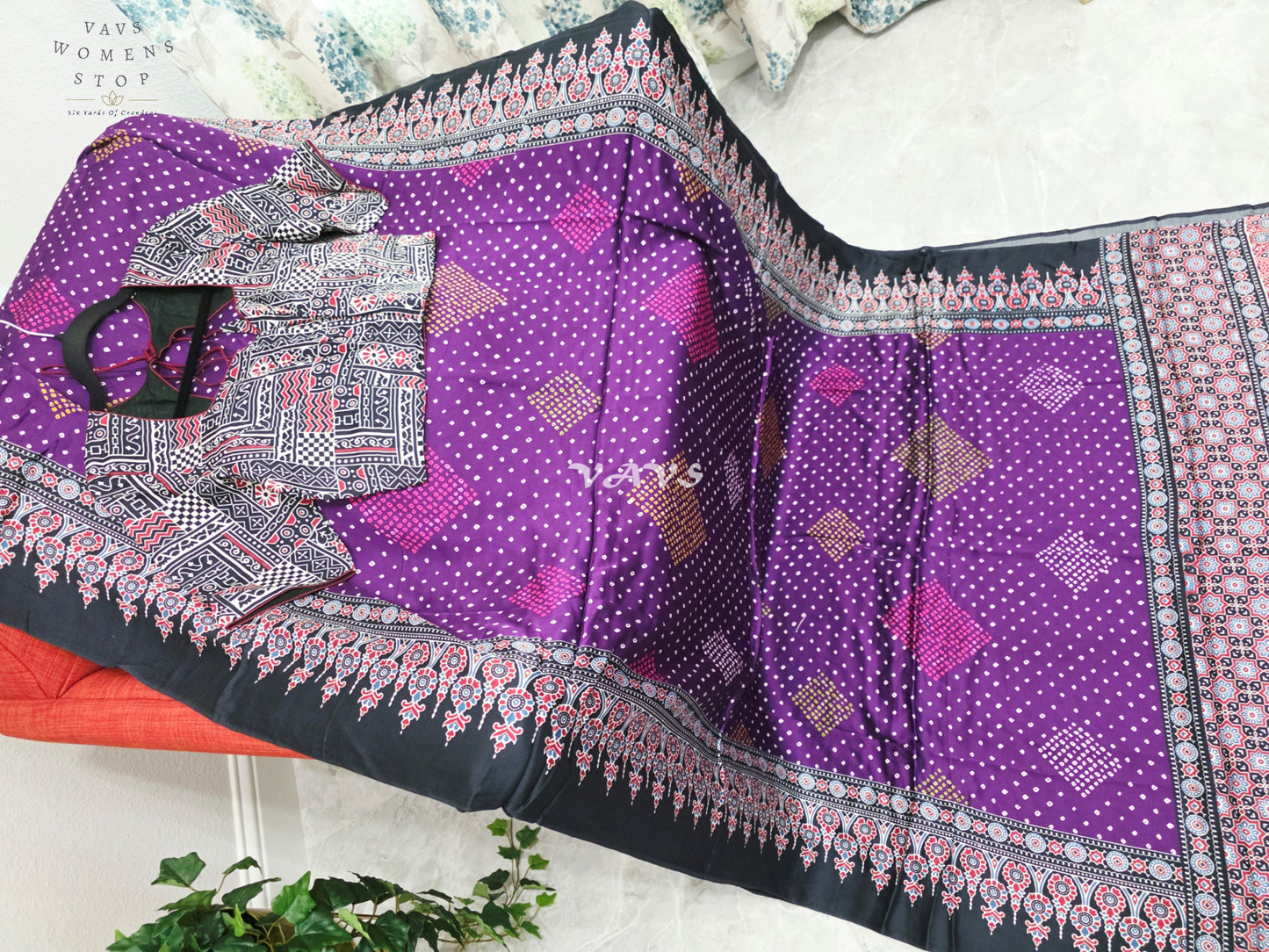 Royal Aubergine & Black Soft Dola Pure Munga Crepe Silk Ajrakh Bandhani Print Saree with Stitched Blouse Size 38-44