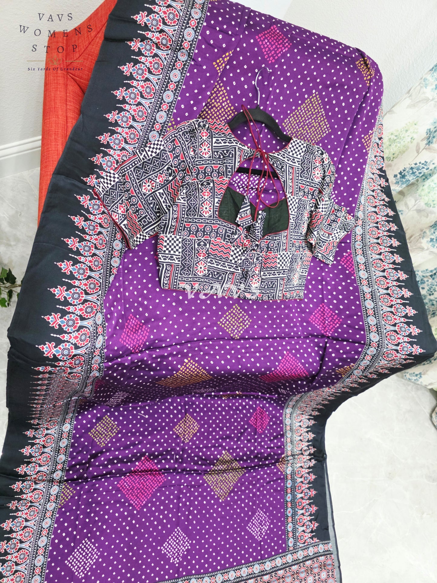 Royal Aubergine & Black Soft Dola Pure Munga Crepe Silk Ajrakh Bandhani Print Saree with Stitched Blouse Size 38-44