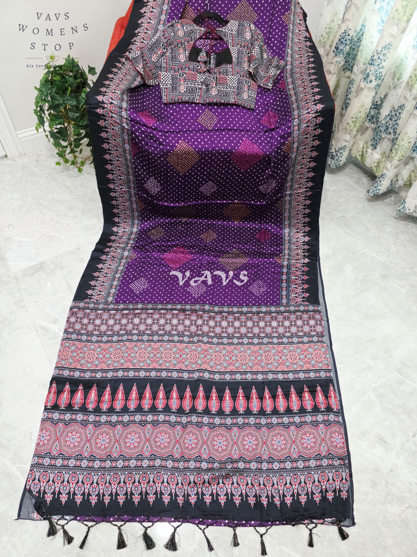 Royal Aubergine & Black Soft Dola Pure Munga Crepe Silk Ajrakh Bandhani Print Saree with Stitched Blouse Size 38-44