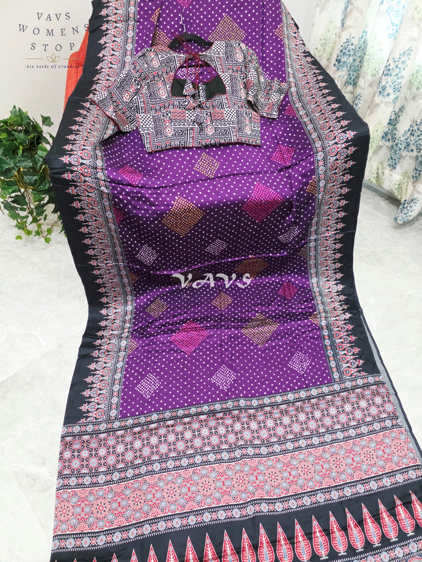 Royal Aubergine & Black Soft Dola Pure Munga Crepe Silk Ajrakh Bandhani Print Saree with Stitched Blouse Size 38-44