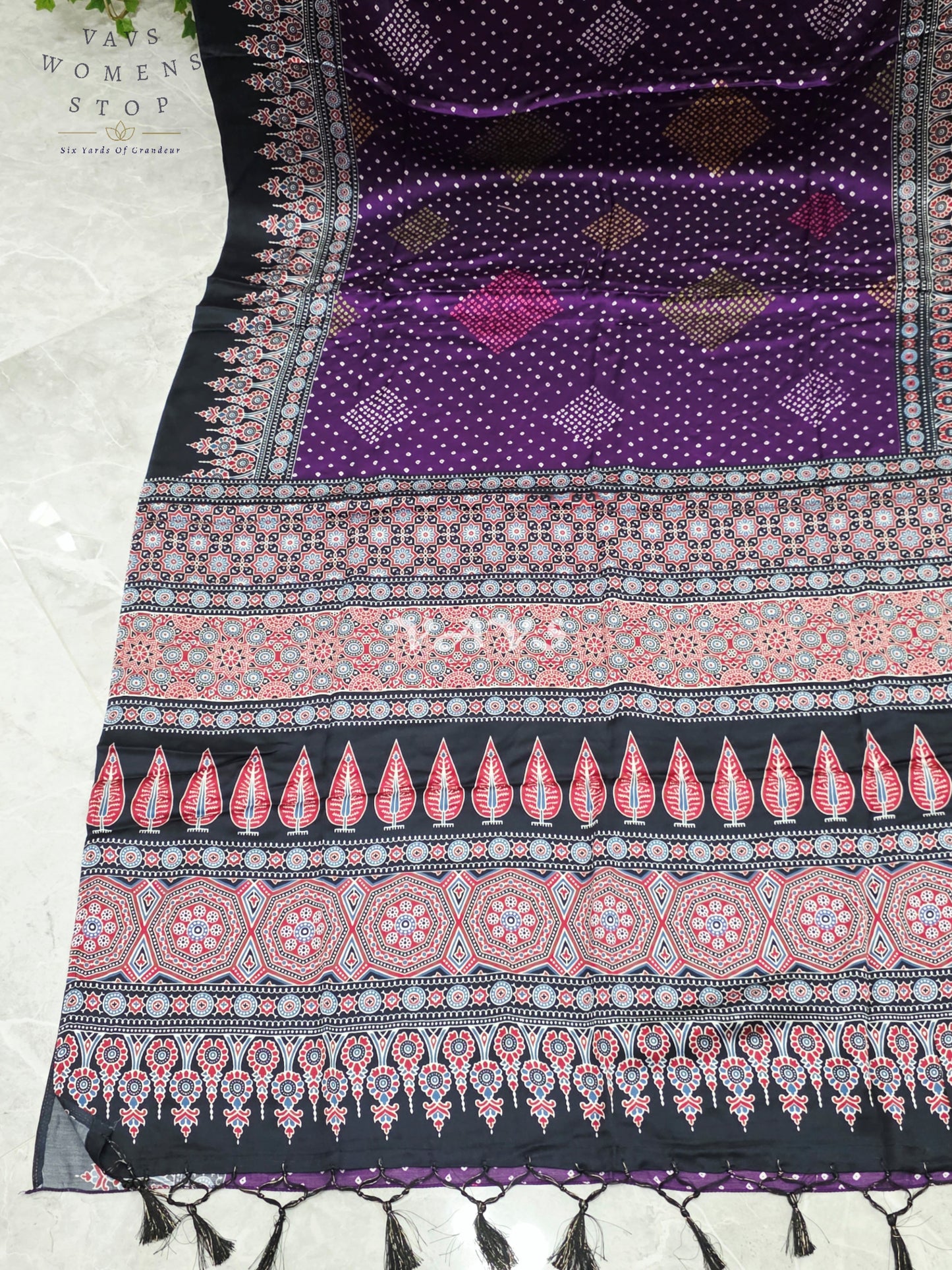 Royal Aubergine & Black Soft Dola Pure Munga Crepe Silk Ajrakh Bandhani Print Saree with Stitched Blouse Size 38-44