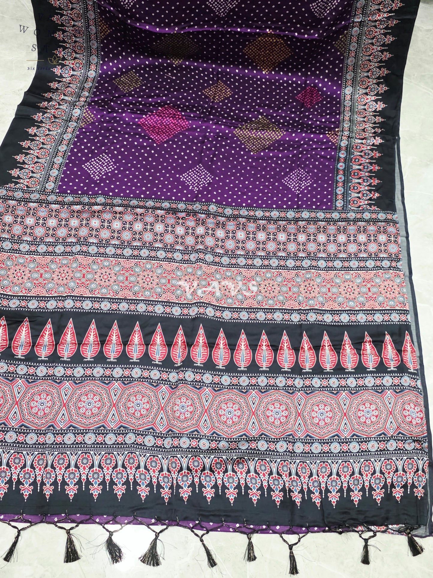 Royal Aubergine & Black Soft Dola Pure Munga Crepe Silk Ajrakh Bandhani Print Saree with Stitched Blouse Size 38-44