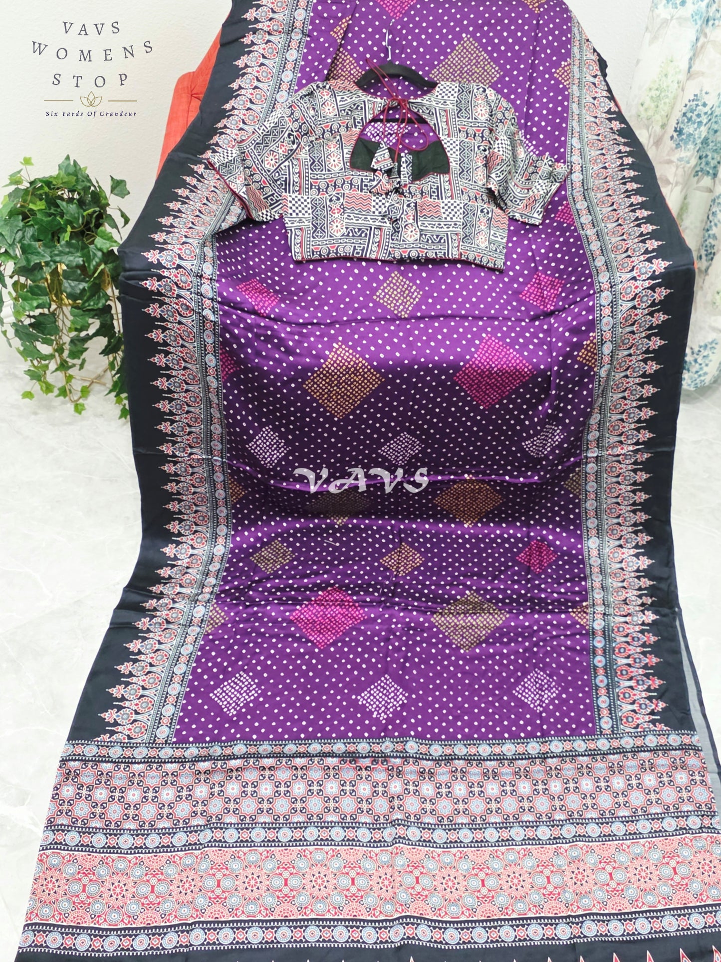 Royal Aubergine & Black Soft Dola Pure Munga Crepe Silk Ajrakh Bandhani Print Saree with Stitched Blouse Size 38-44