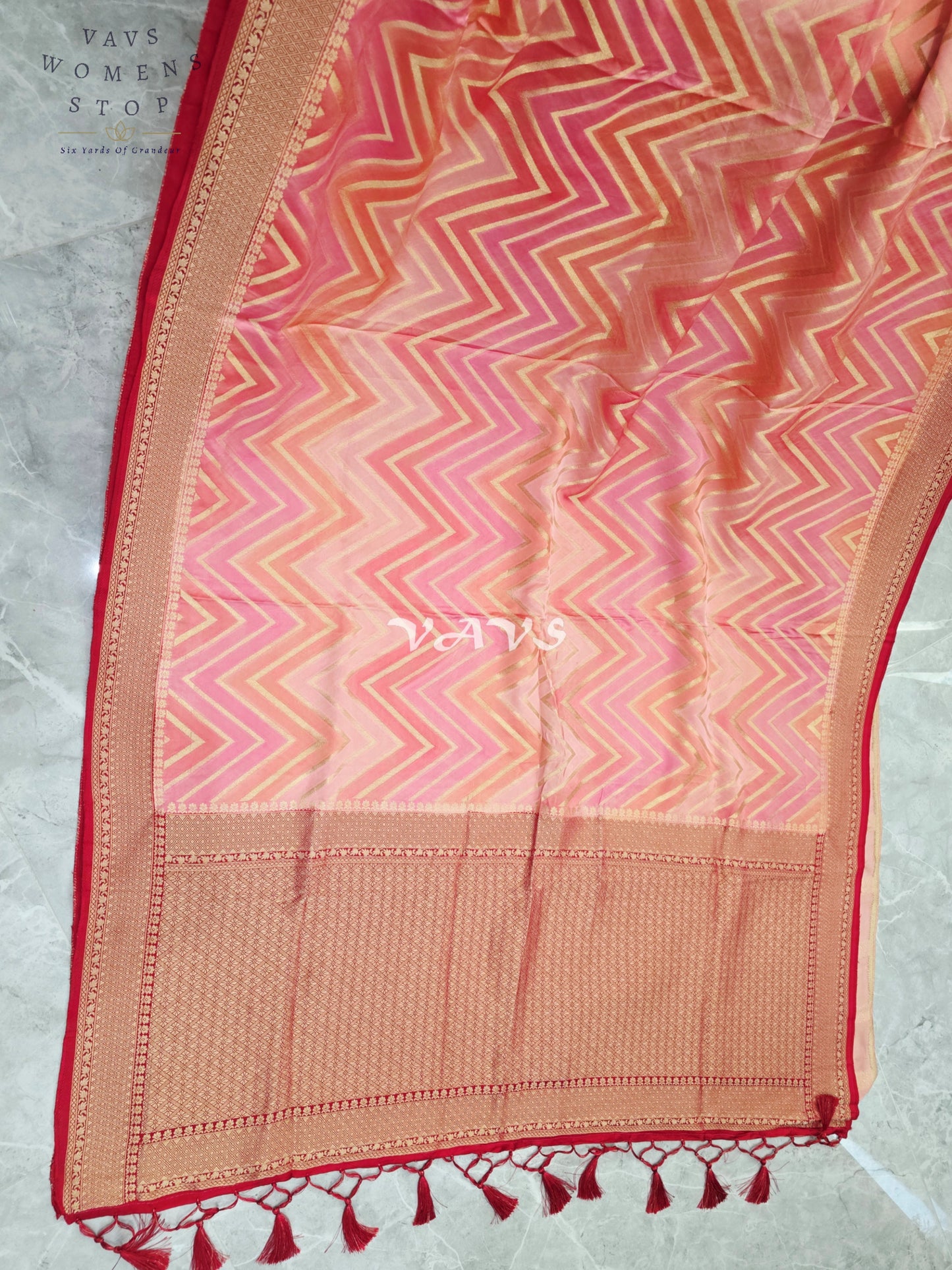 Blush Peach & Rose Pink Pure Munga Crepe Silk Chevron Saree with Antique Gold Border & Stitched Blouse Size 40-46