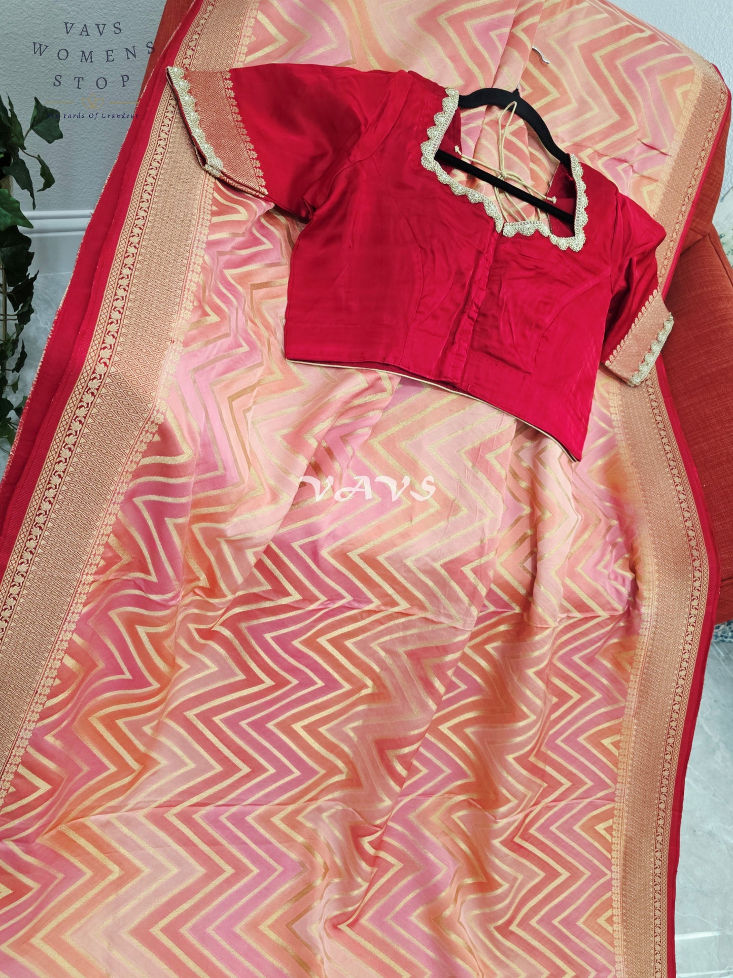 Blush Peach & Rose Pink Pure Munga Crepe Silk Chevron Saree with Antique Gold Border & Stitched Blouse Size 40-46