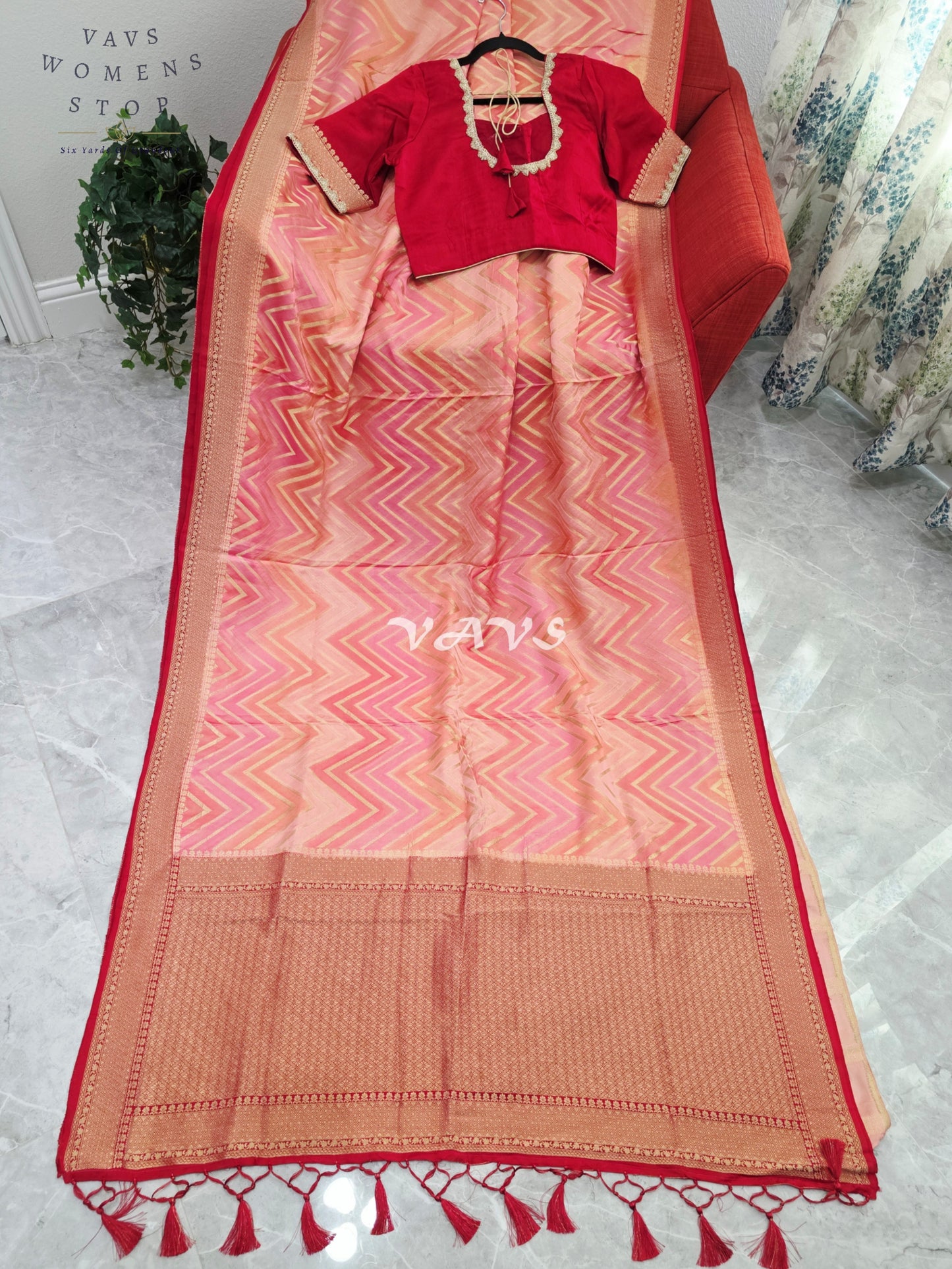 Blush Peach & Rose Pink Pure Munga Crepe Silk Chevron Saree with Antique Gold Border & Stitched Blouse Size 40-46