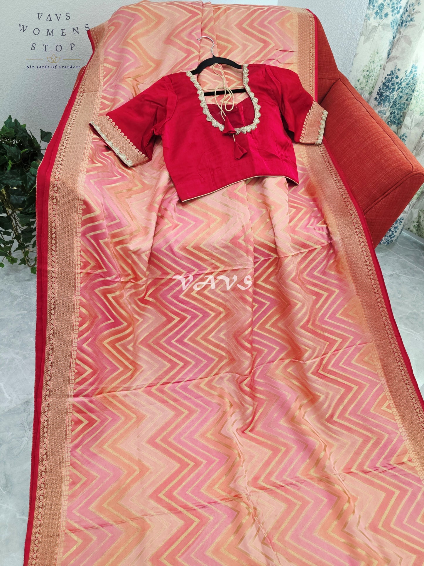 Blush Peach & Rose Pink Pure Munga Crepe Silk Chevron Saree with Antique Gold Border & Stitched Blouse Size 40-46