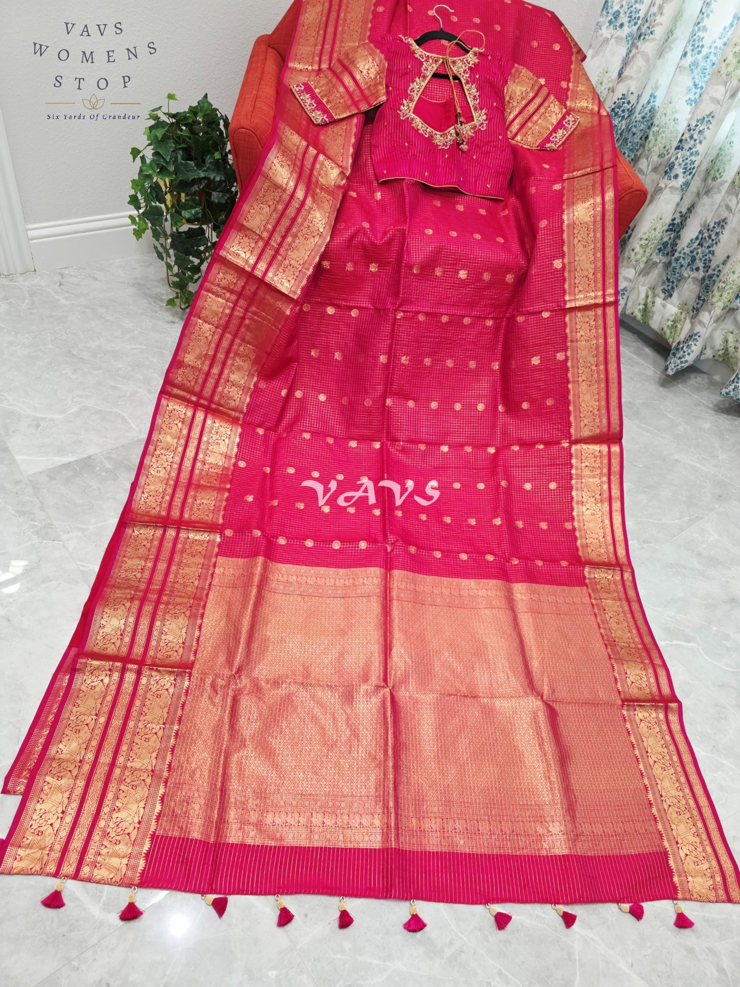 Royal Rani Pink Vintage Checks Pure Kanchi Soft Silk Saree with Antique Gold Zari & Maggam Blouse Size 34-40