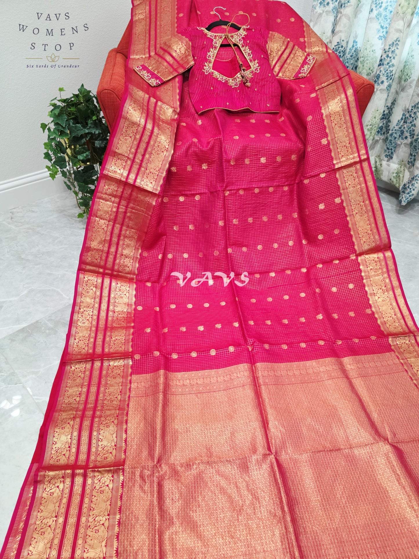 Royal Rani Pink Vintage Checks Pure Kanchi Soft Silk Saree with Antique Gold Zari & Maggam Blouse Size 34-40