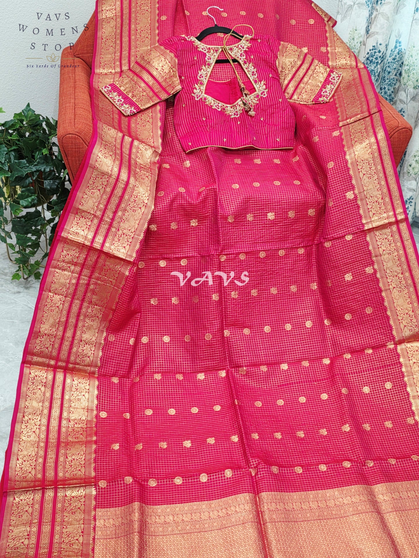 Royal Rani Pink Vintage Checks Pure Kanchi Soft Silk Saree with Antique Gold Zari & Maggam Blouse Size 34-40