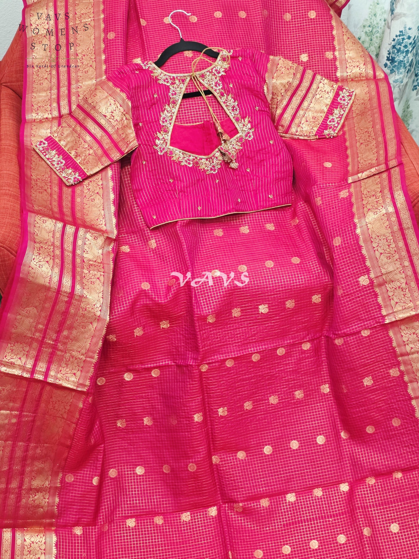 Royal Rani Pink Vintage Checks Pure Kanchi Soft Silk Saree with Antique Gold Zari & Maggam Blouse Size 34-40