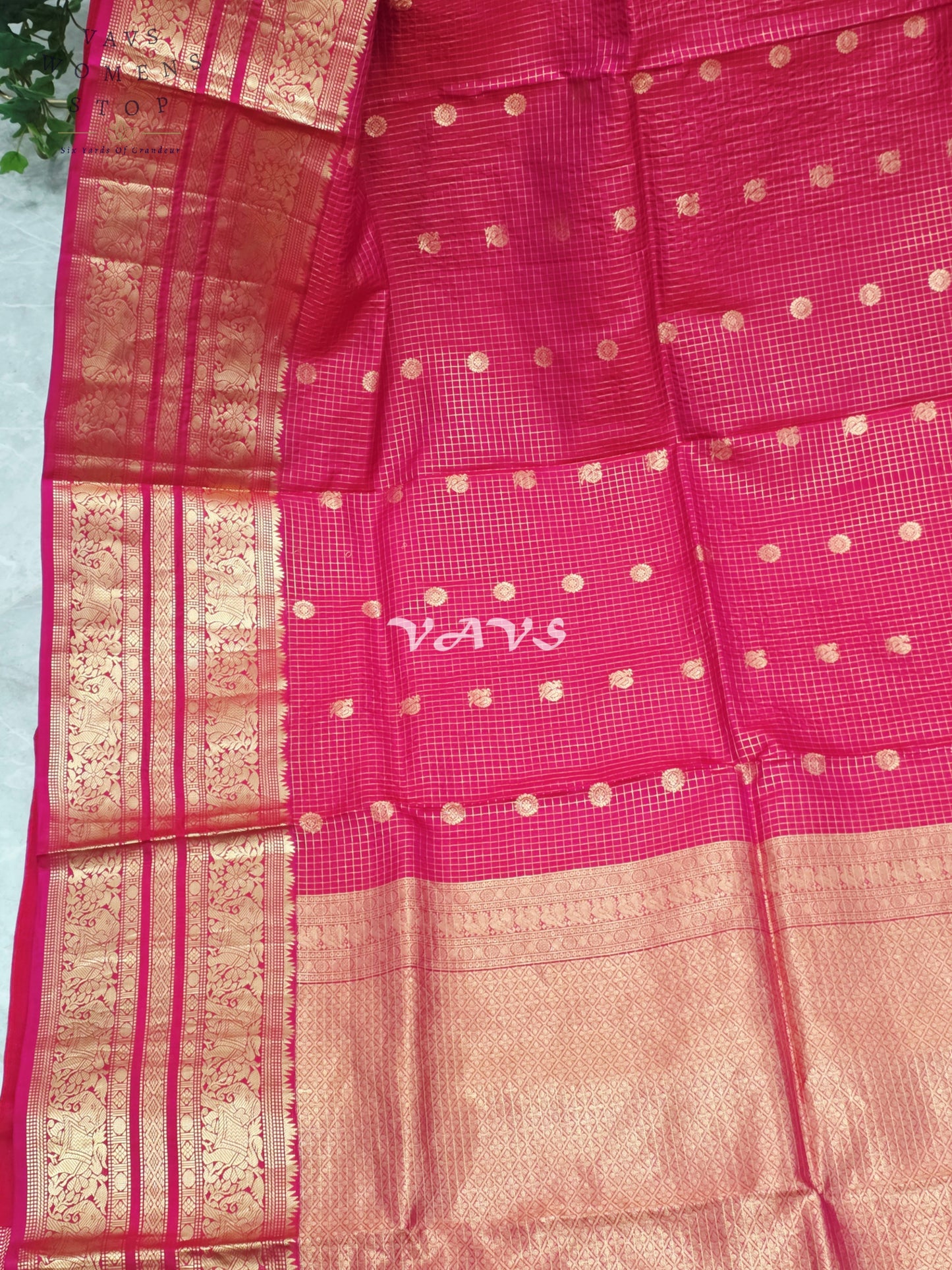 Royal Rani Pink Vintage Checks Pure Kanchi Soft Silk Saree with Antique Gold Zari & Maggam Blouse Size 34-40